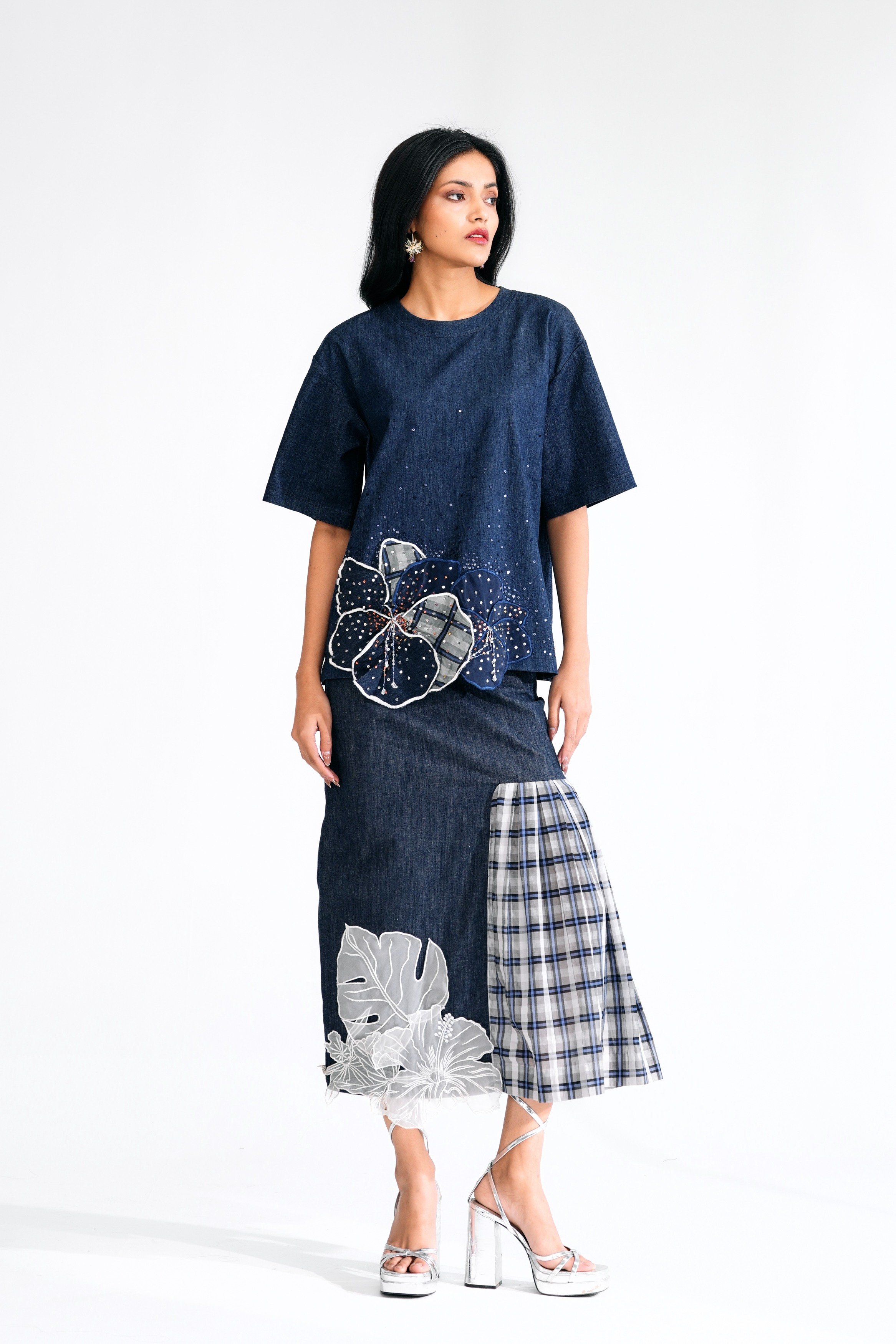 Cotton T-Shirt with Hand-Highlighted Checks and Floral Appliqué