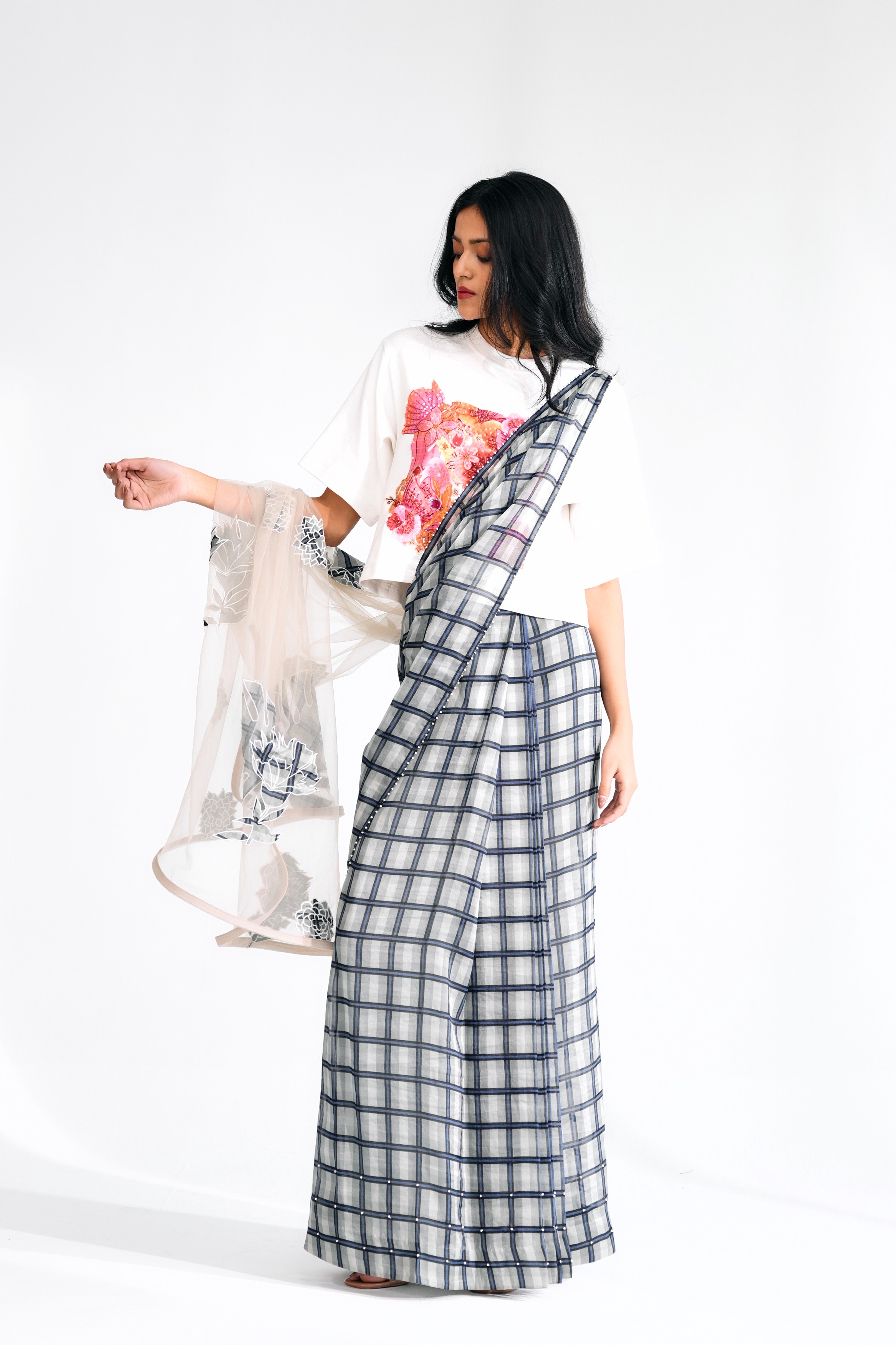 Cotton T-Shirt with Hand-Highlighted Floral and Checkered Appliqué