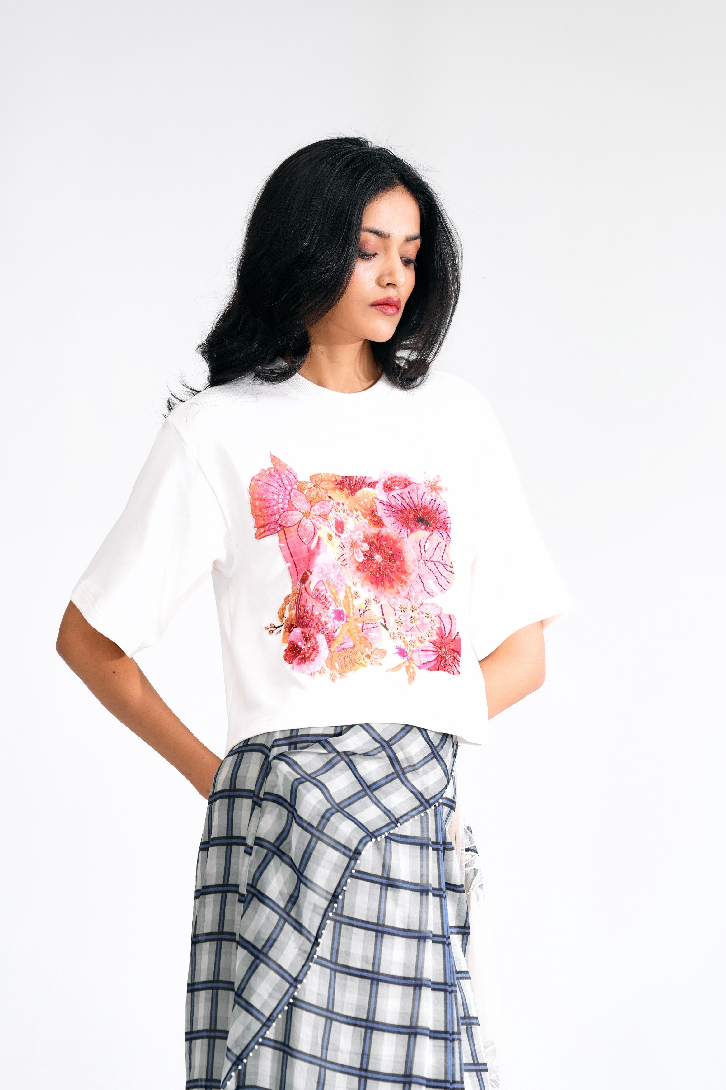 Cotton T-Shirt with Hand-Highlighted Floral and Checkered Appliqué