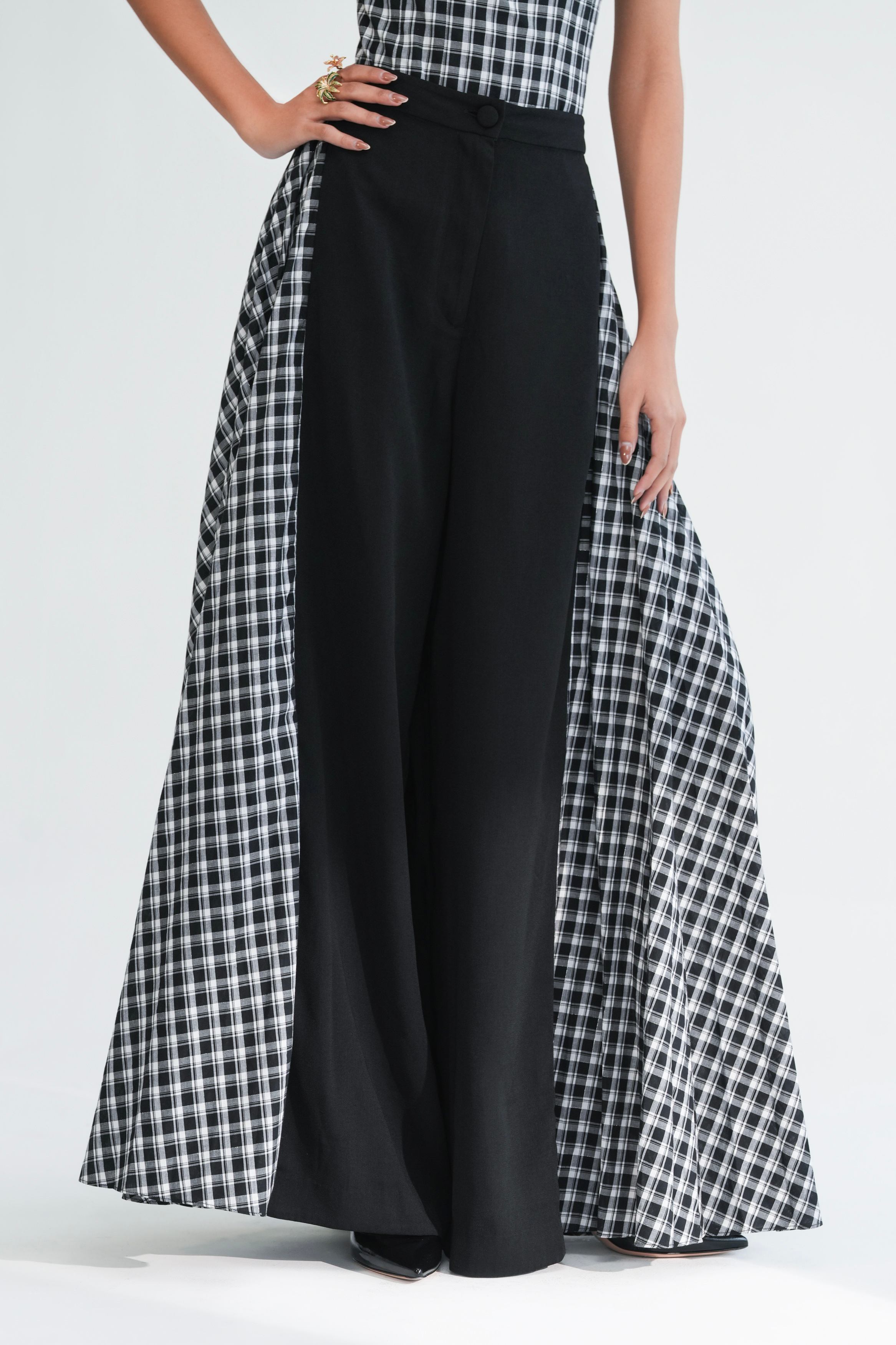 Wide-Leg Trouser with  Pleated Check Panel