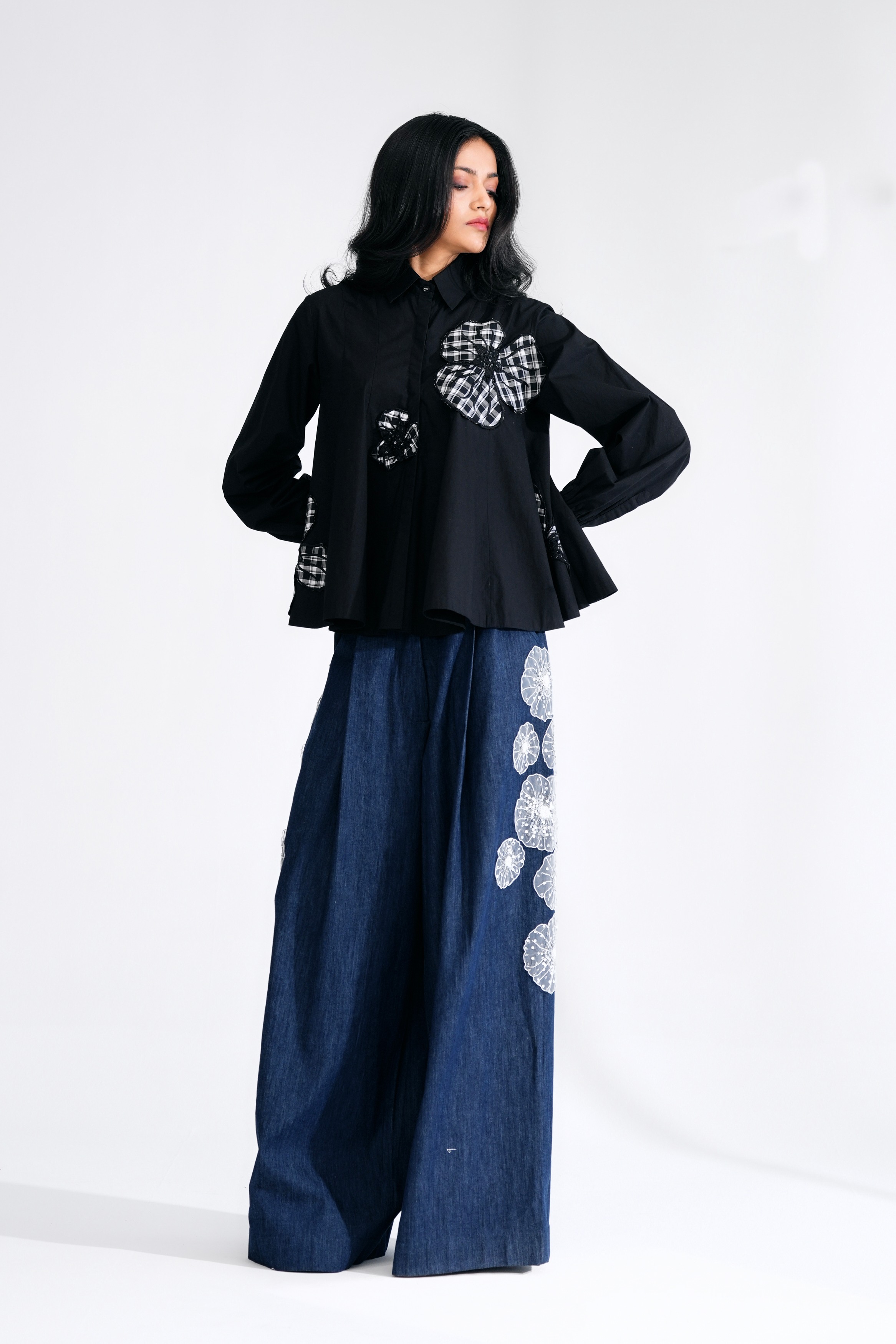 Denim Wide-Leg Pants with Hand-Embellished Floral Appliqués