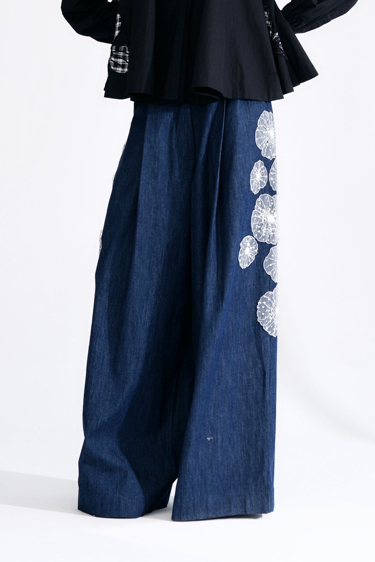 Denim Wide-Leg Pants with Hand-Embellished Floral Appliqués