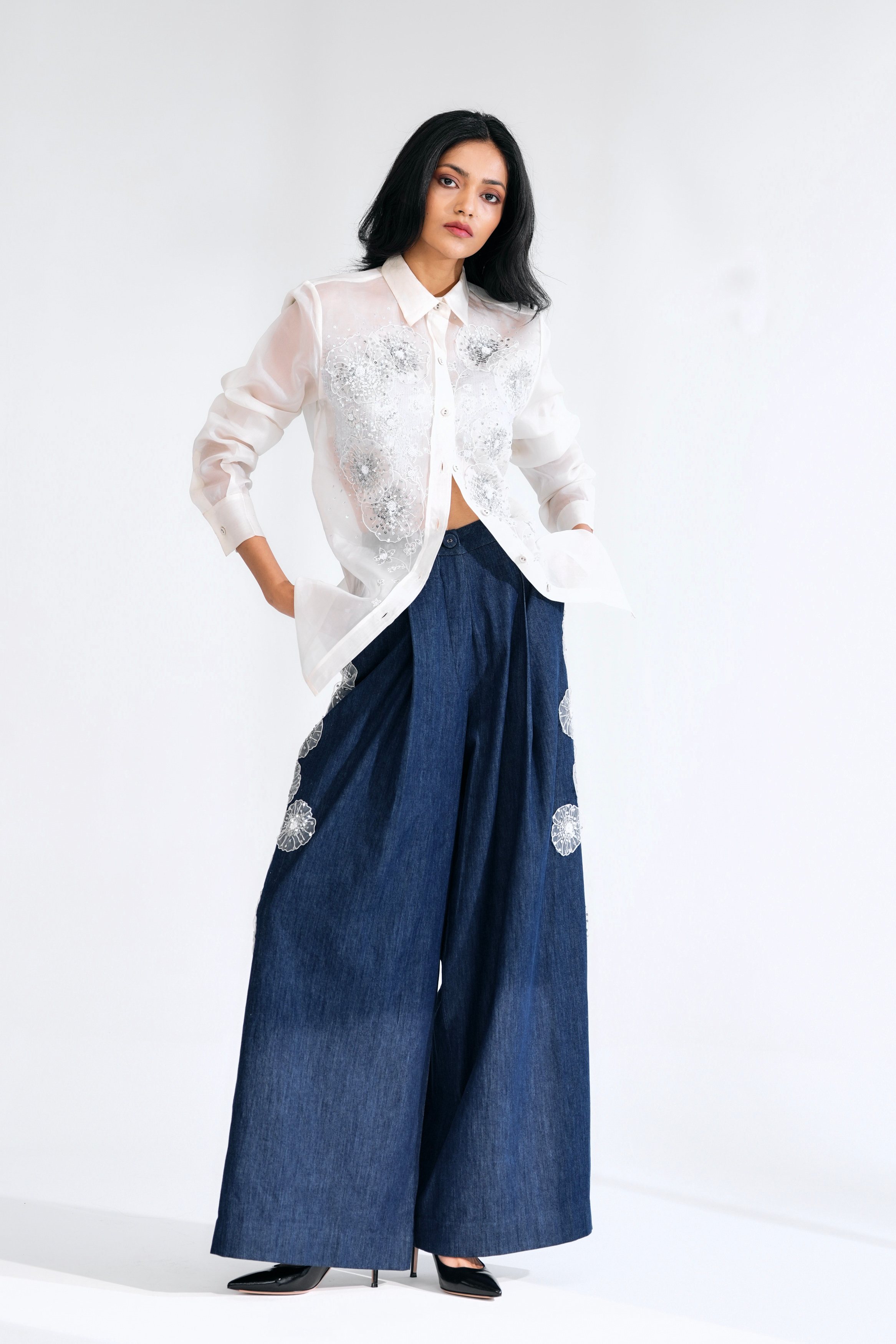 Silk Organza Shirt with Hand-Embellished Floral Bouquet