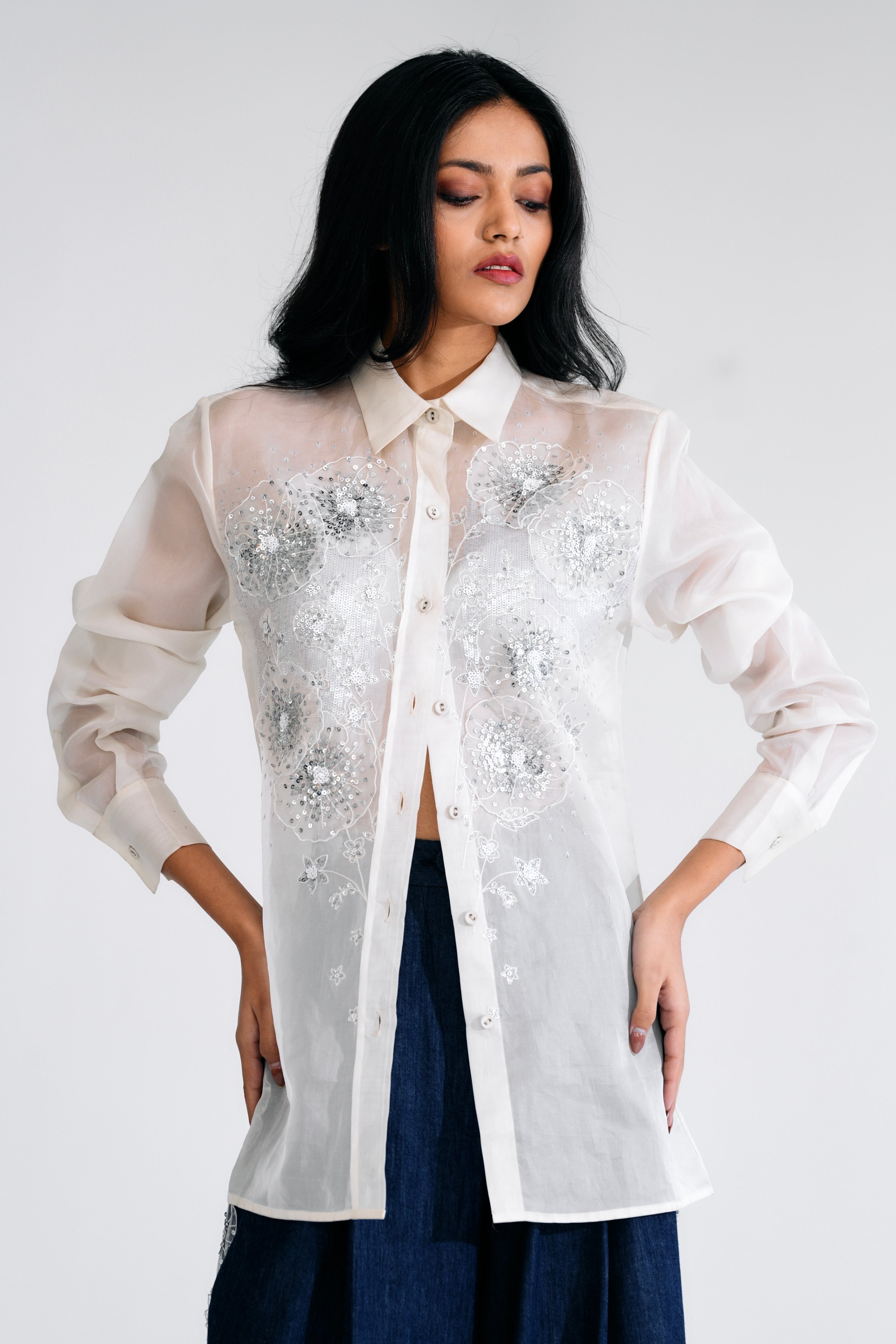 Silk Organza Shirt with Hand-Embellished Floral Bouquet