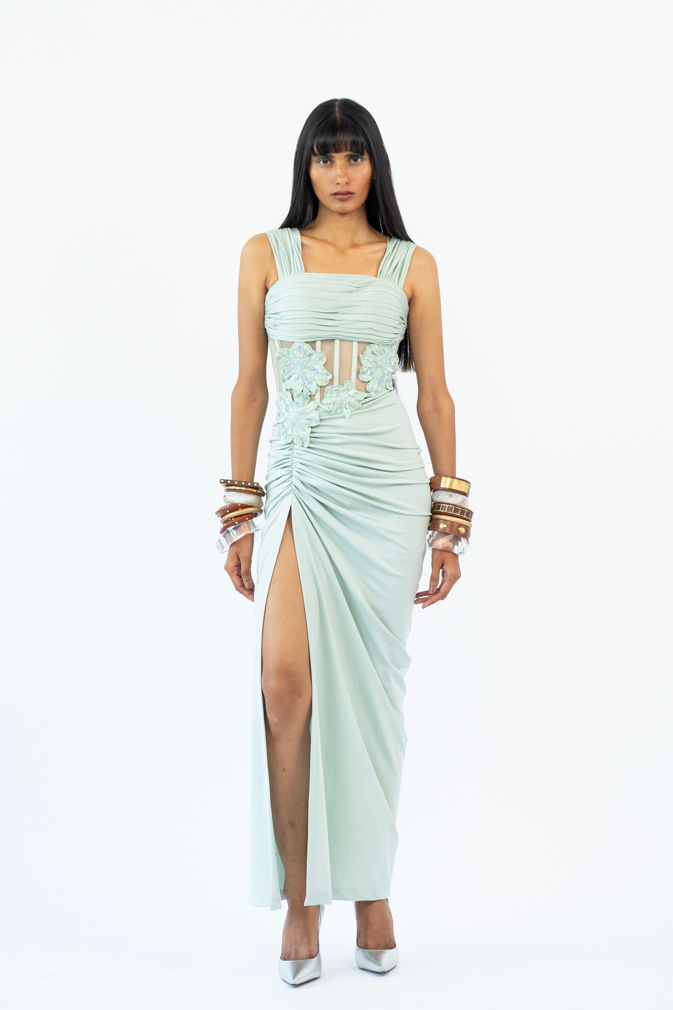 Mint Twilight Bloom Draped Corset Gown