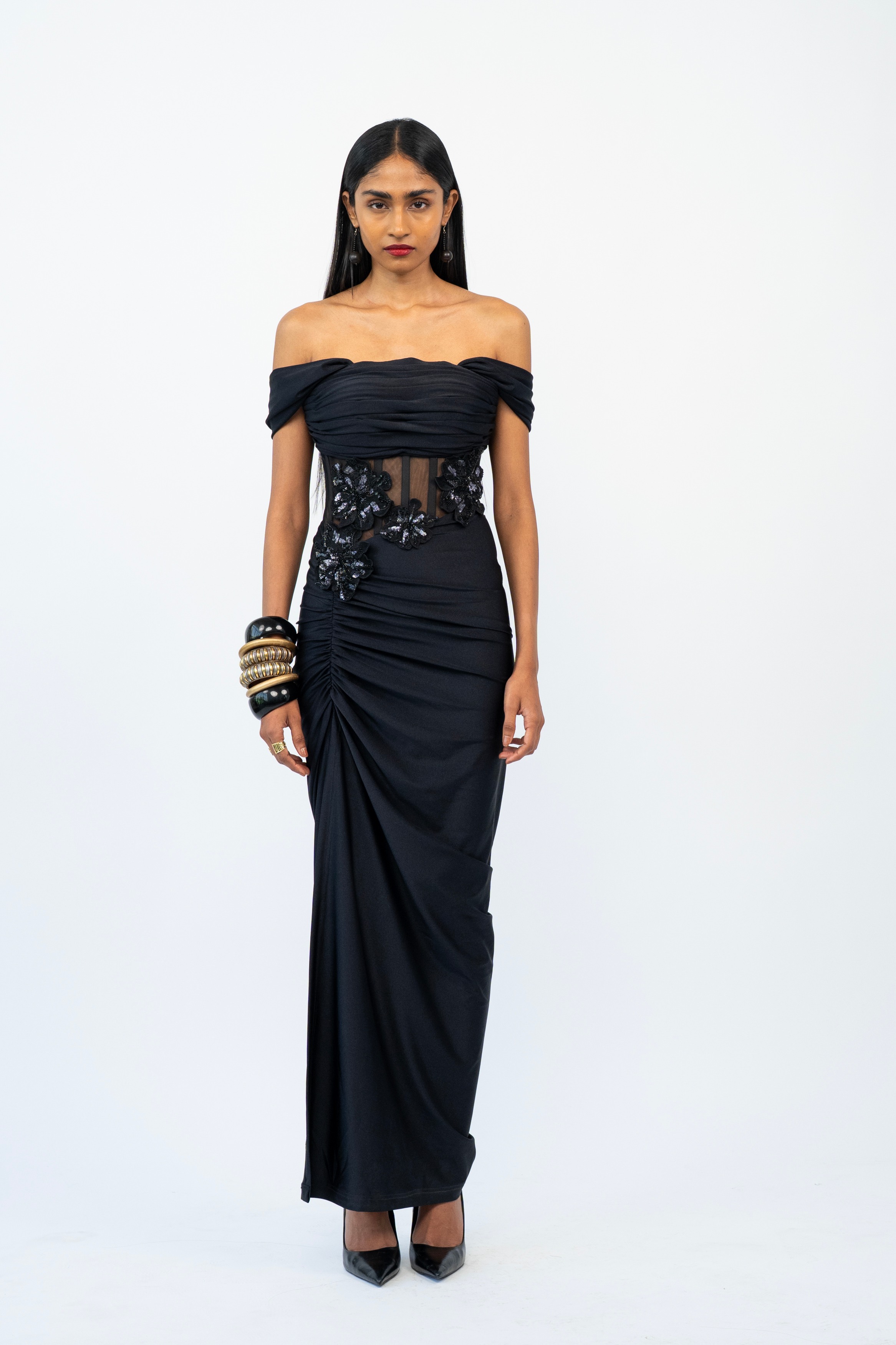 Black Twilight Bloom Draped Corset Gown