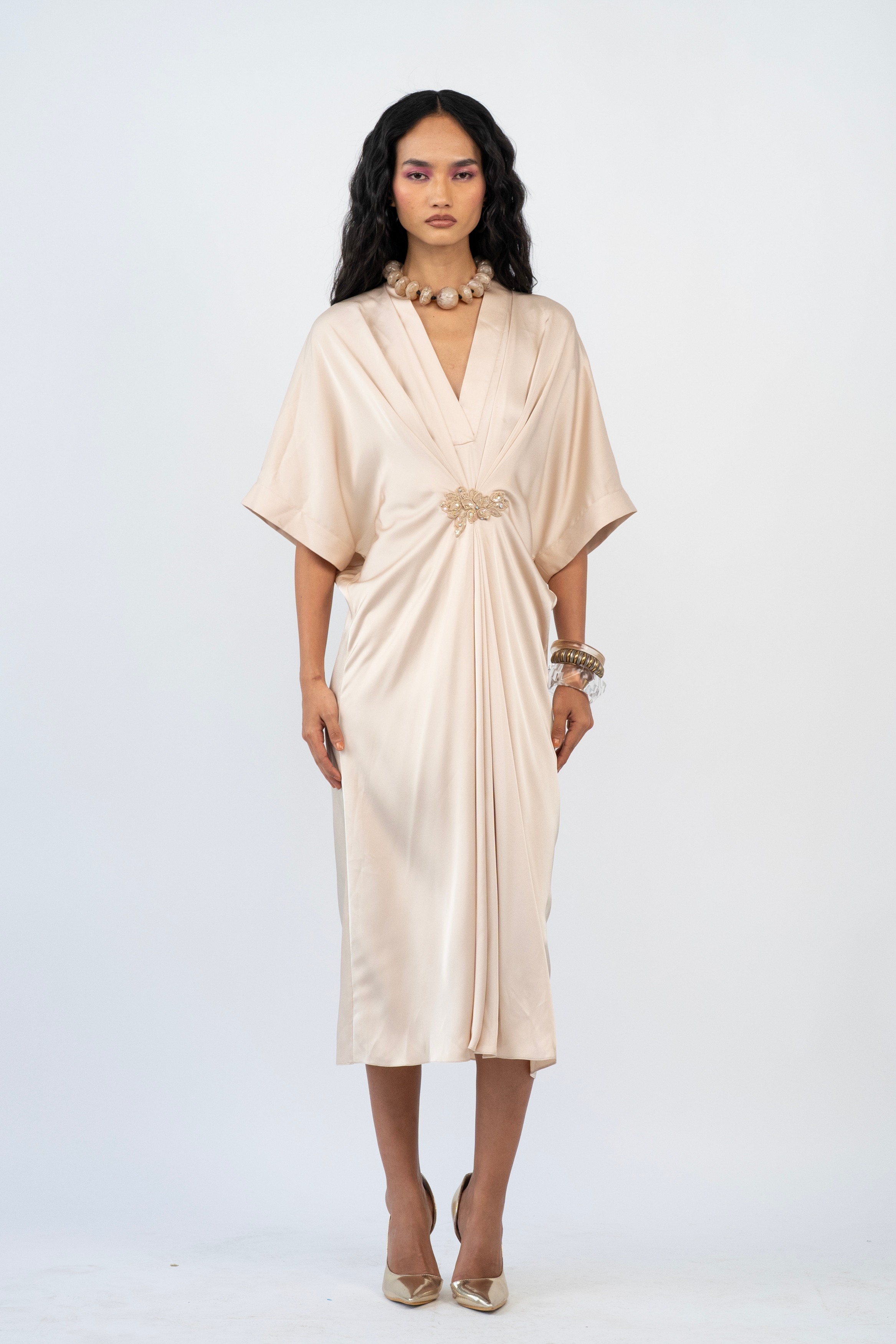 Champagne Petal Whisper Draped V-Neck Dress