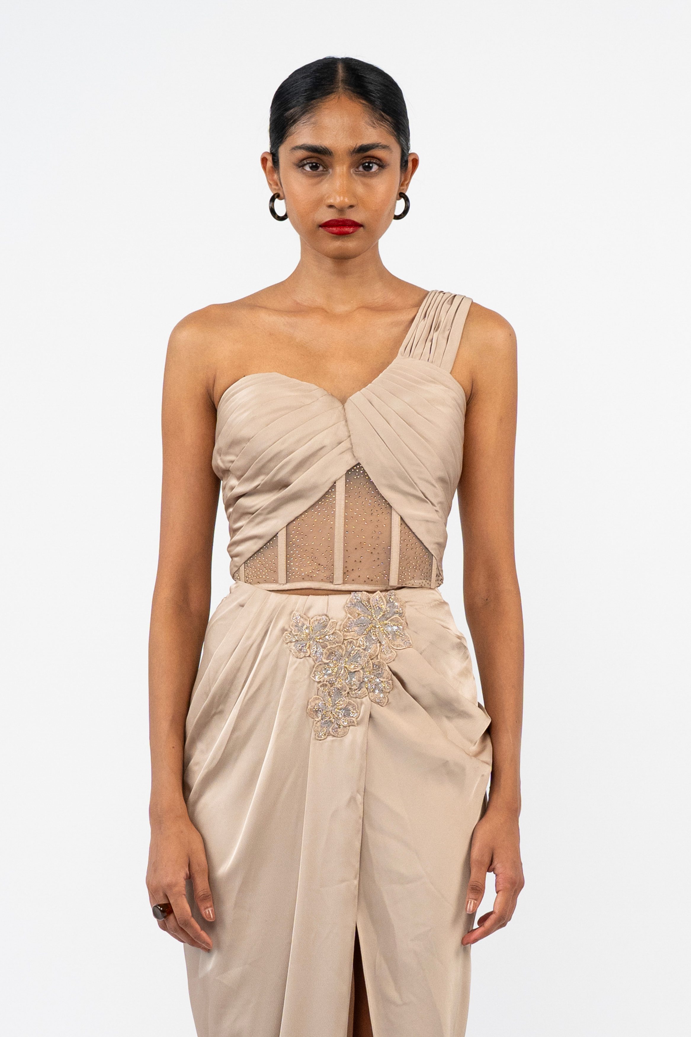 Champagne Sculpted Glow One-Shoulder Draped Top