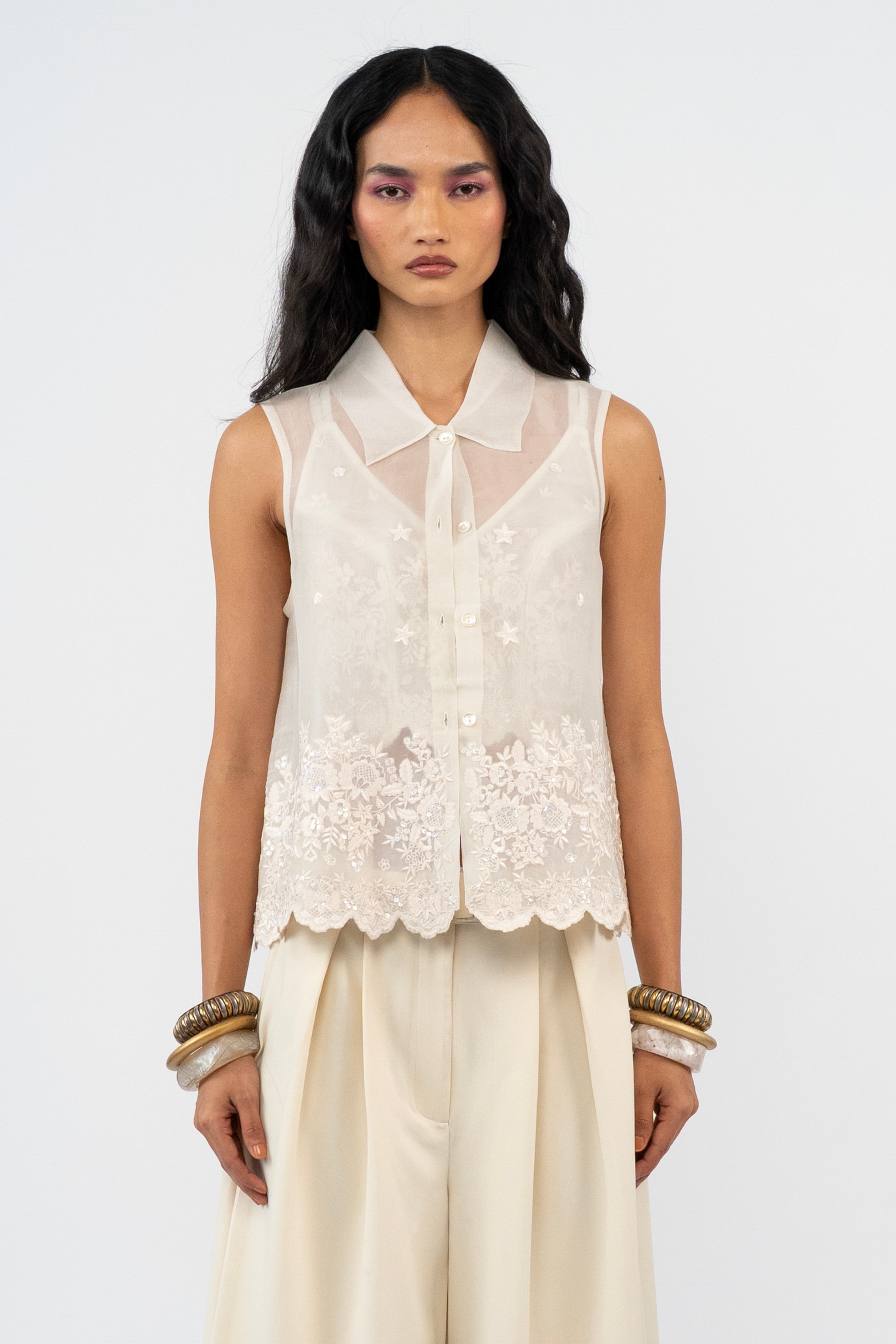 Ivory Sheer Garden Organza Shirt