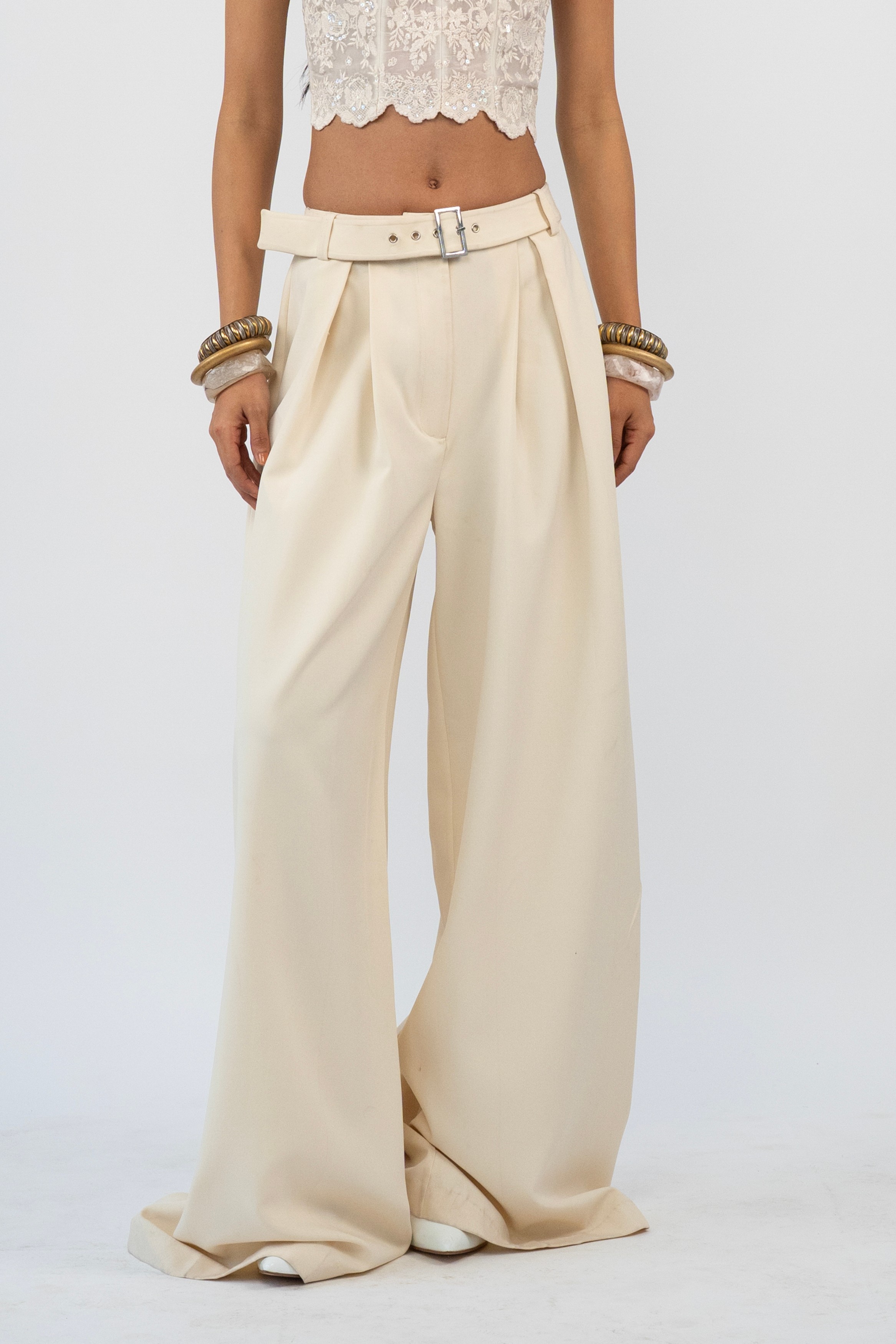Ivory Power Bloom Wide-Leg Trousers