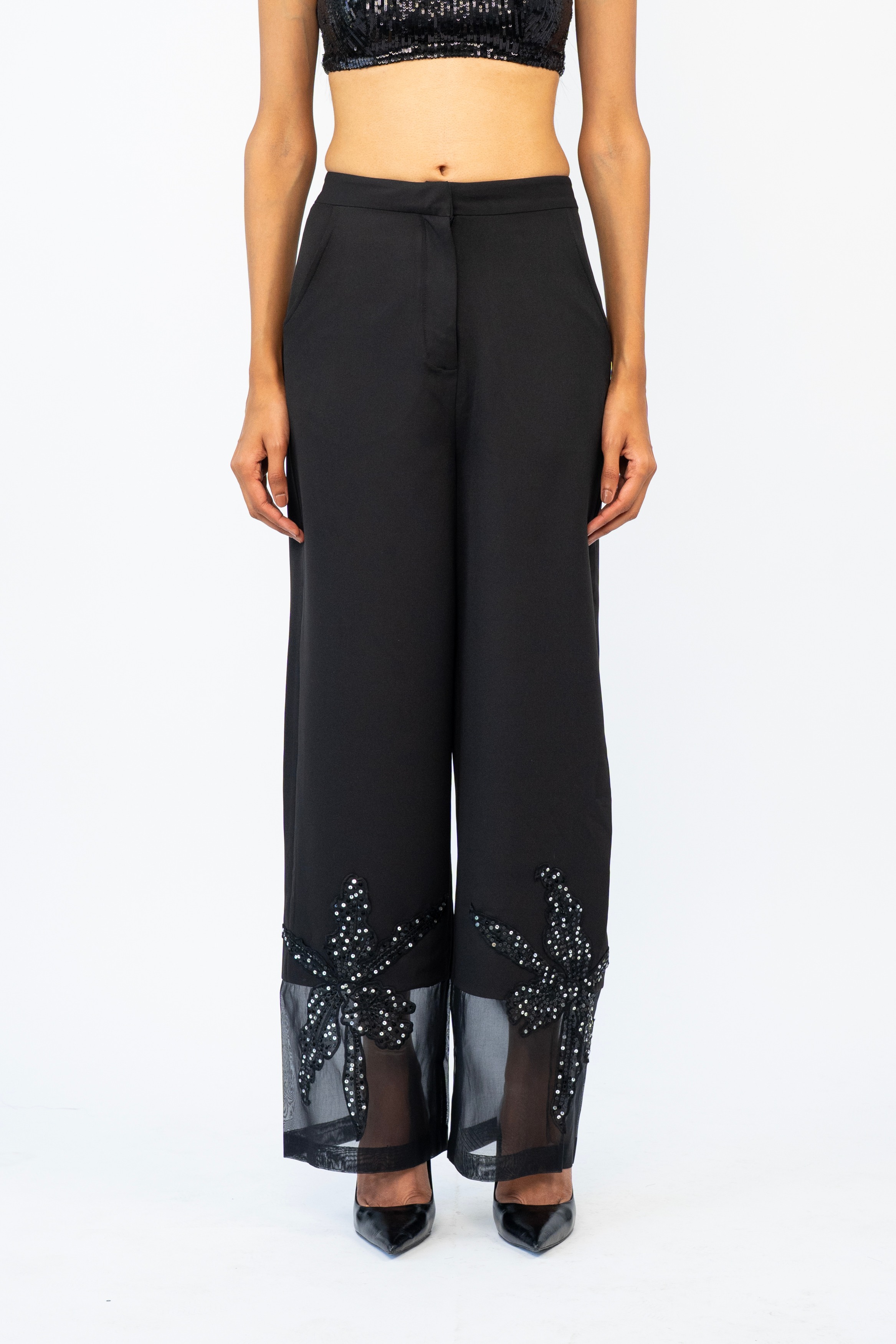 Black Sheer Petal Straight Trousers