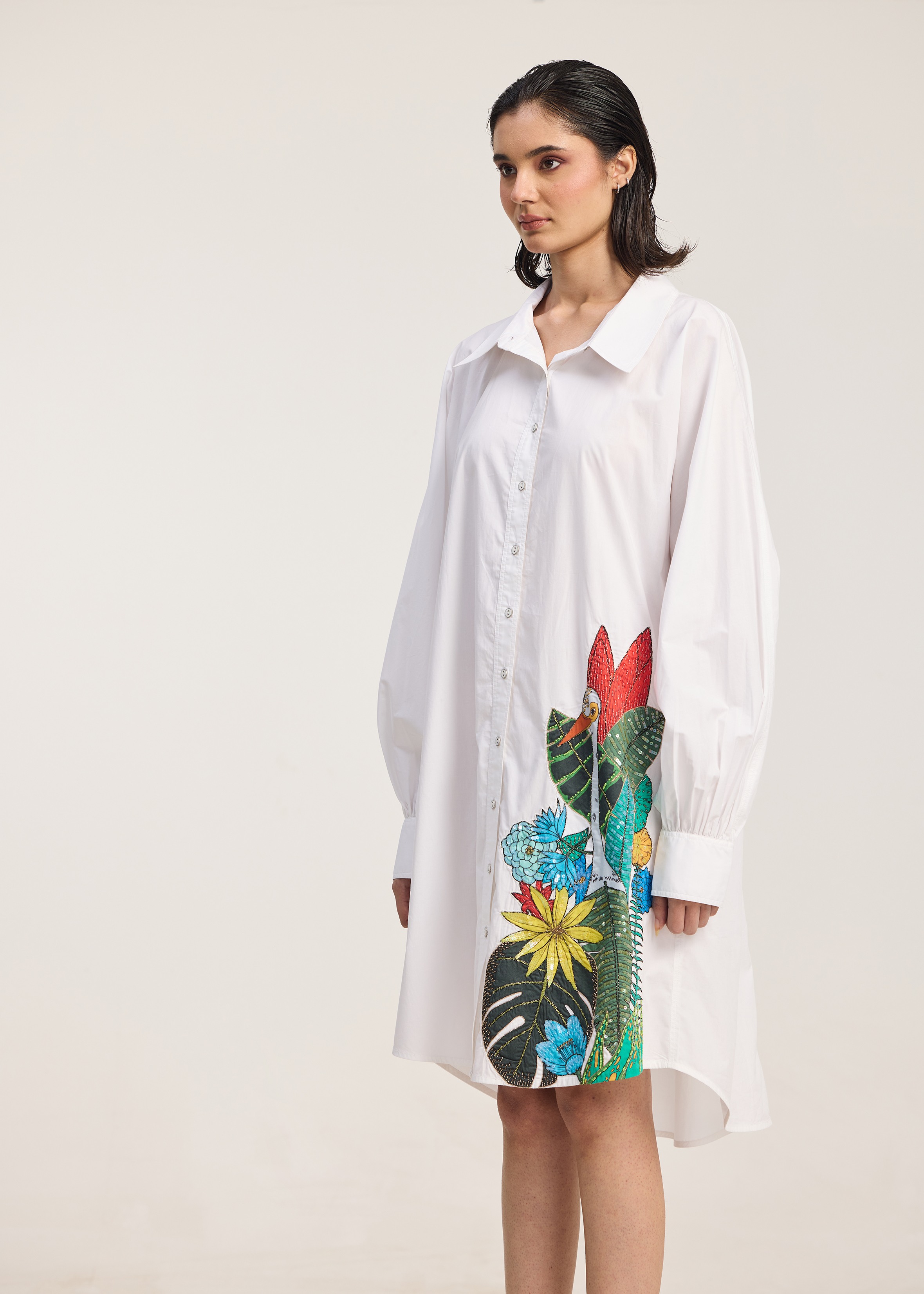 Shirt dress with gathered sleeve and patchwork foliage
