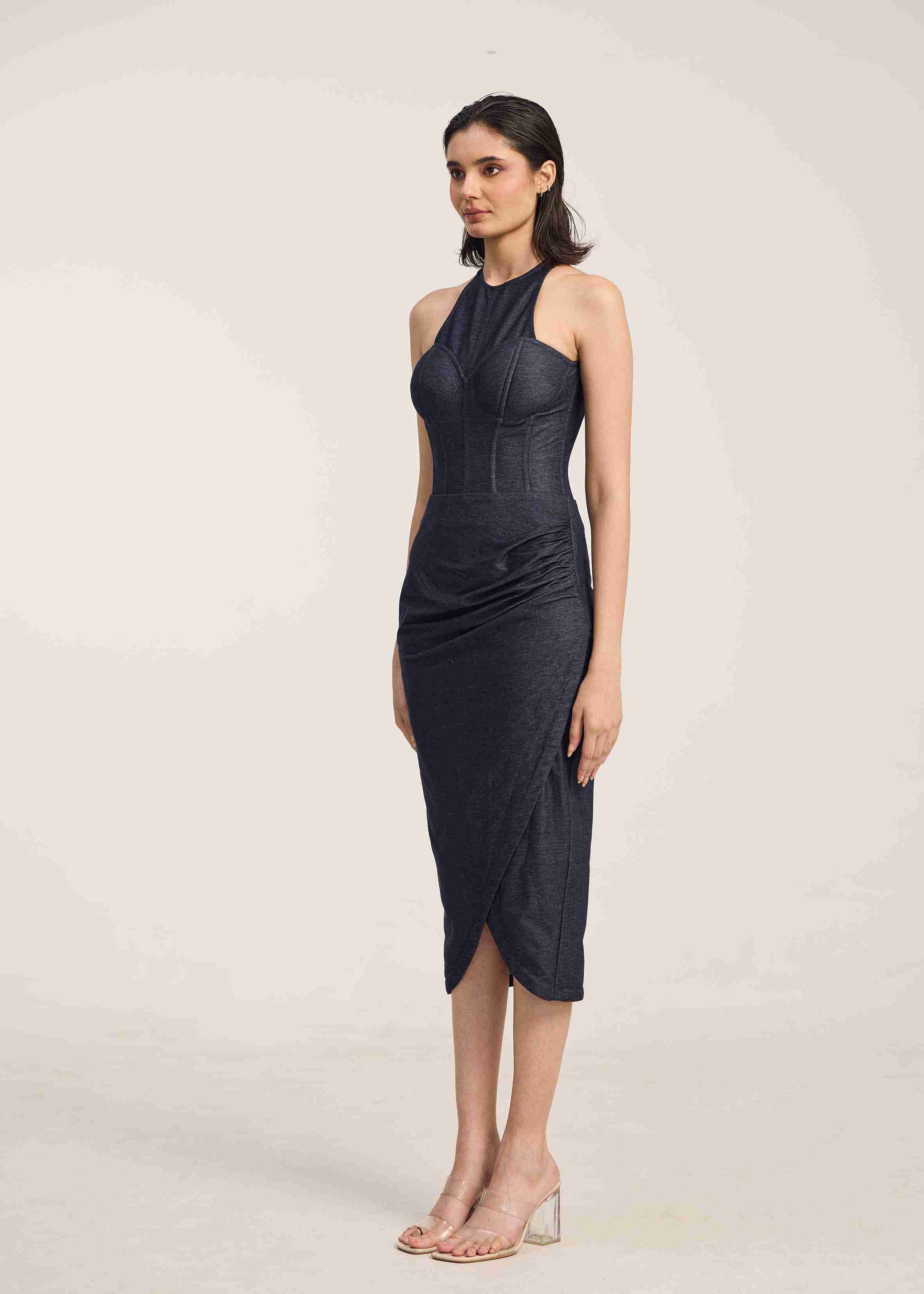 Stretch denim tulip skirt with front slit