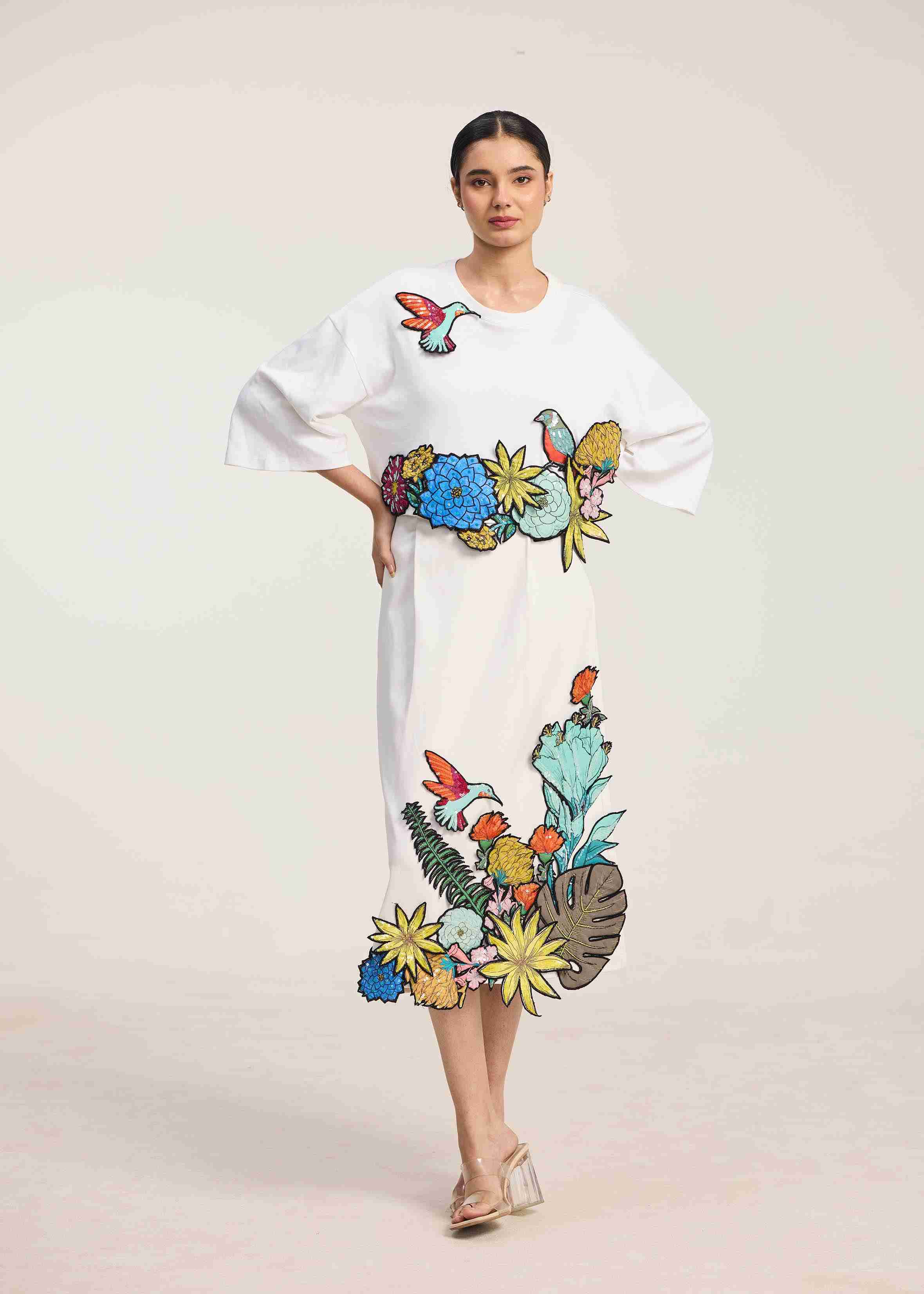 Jersey A-line skirt with 3D embroidered motifs
