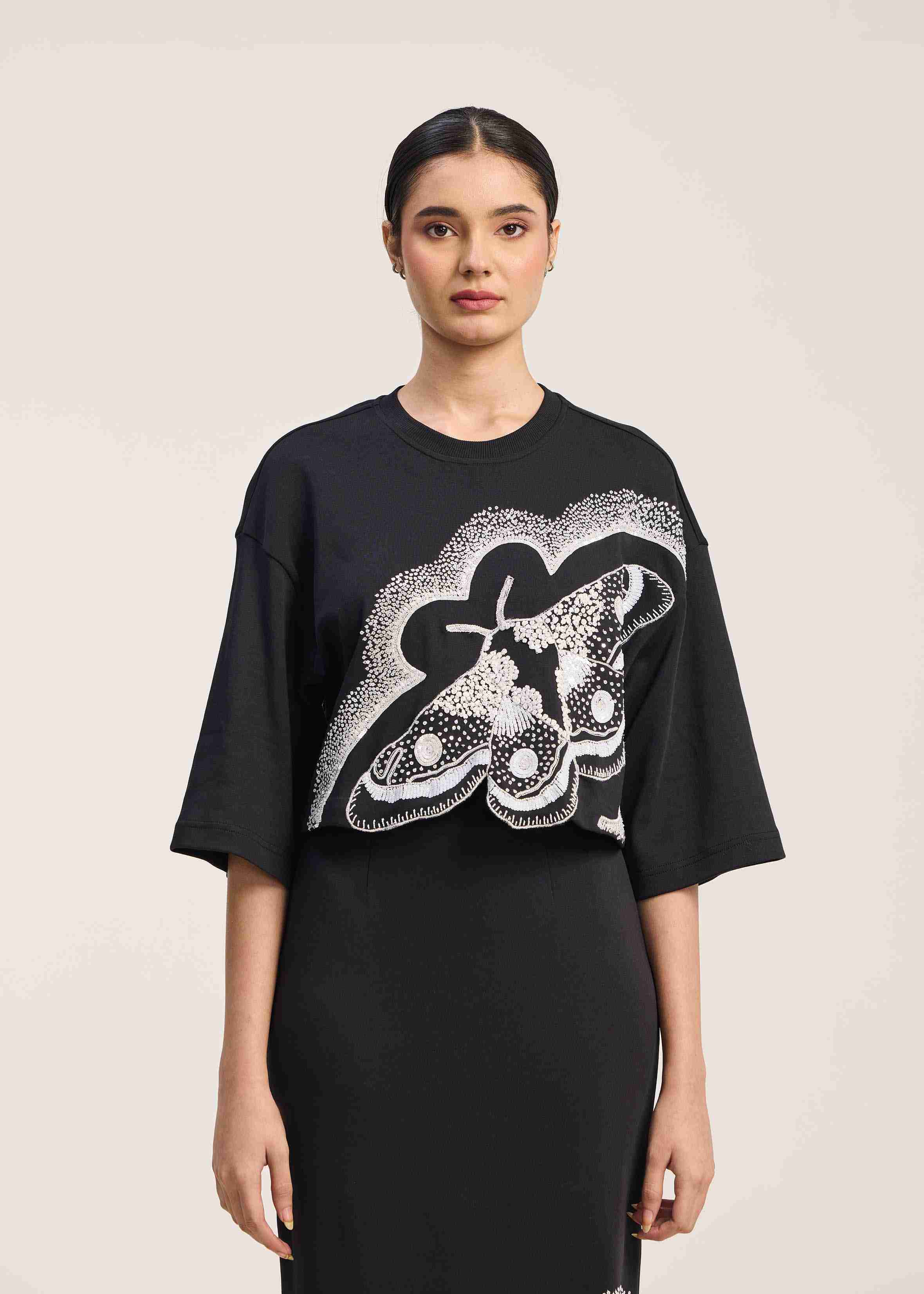 Cropped T Shirt With Moth embroidery