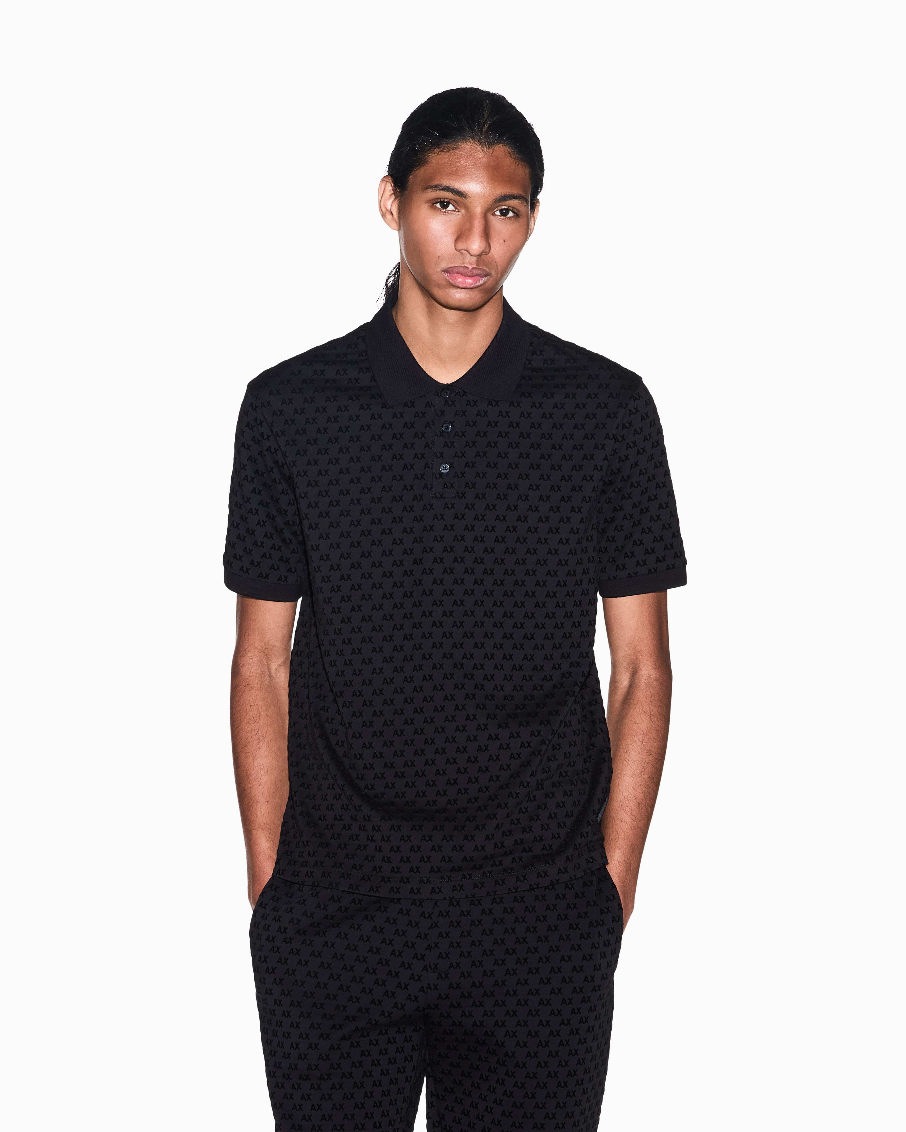 Men's Black Logomania Flocked Polo Shirt