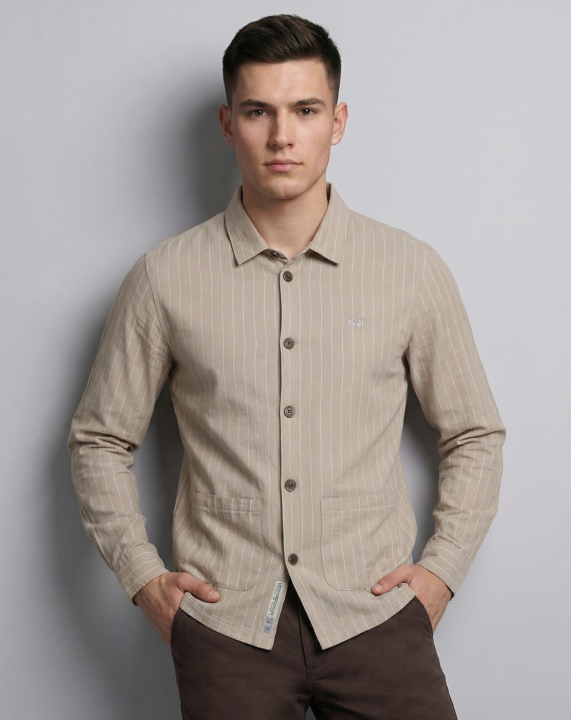 Linen Cotton Relaxed Fit Stripe Beige Shacket