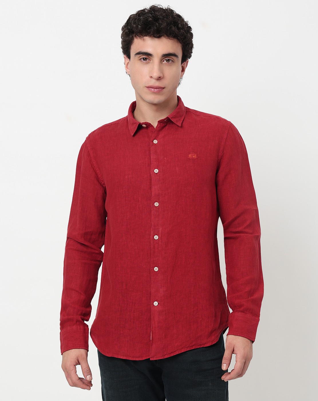 Linen Overdye Slim Fit Red Shirt