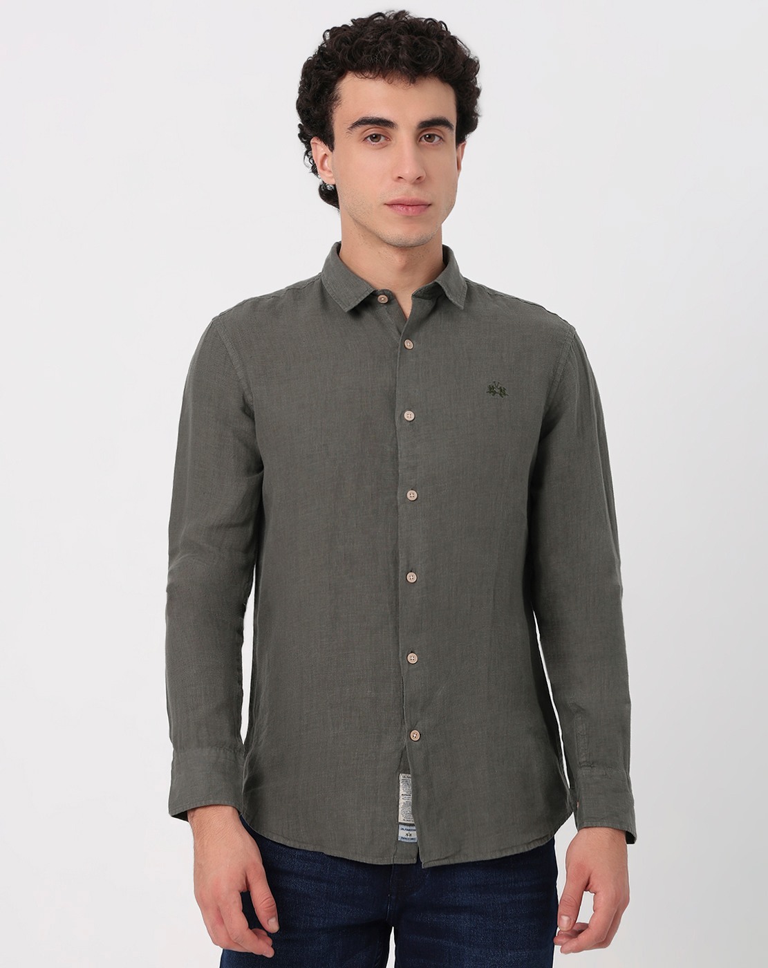 Linen Overdye Slim Fit Olive Shirt