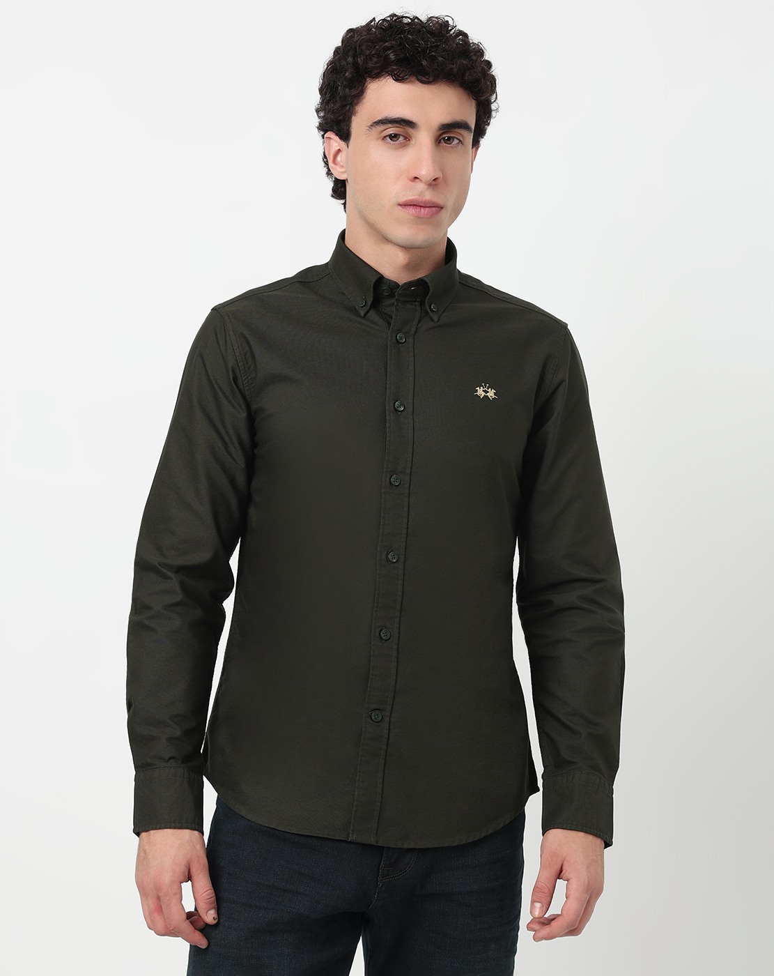 Cotton Tailored Fit Solid Olive Shirt