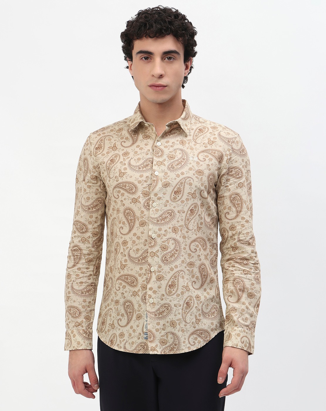Cotton Linen Slim Fit All Over Print Off-White Shirt