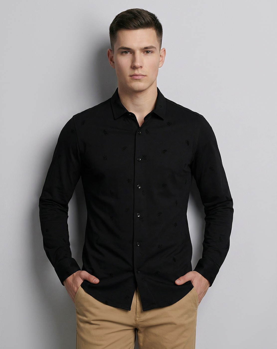 Cotton Mercerized  Slim Fit All Over Print Knit Black Shirt