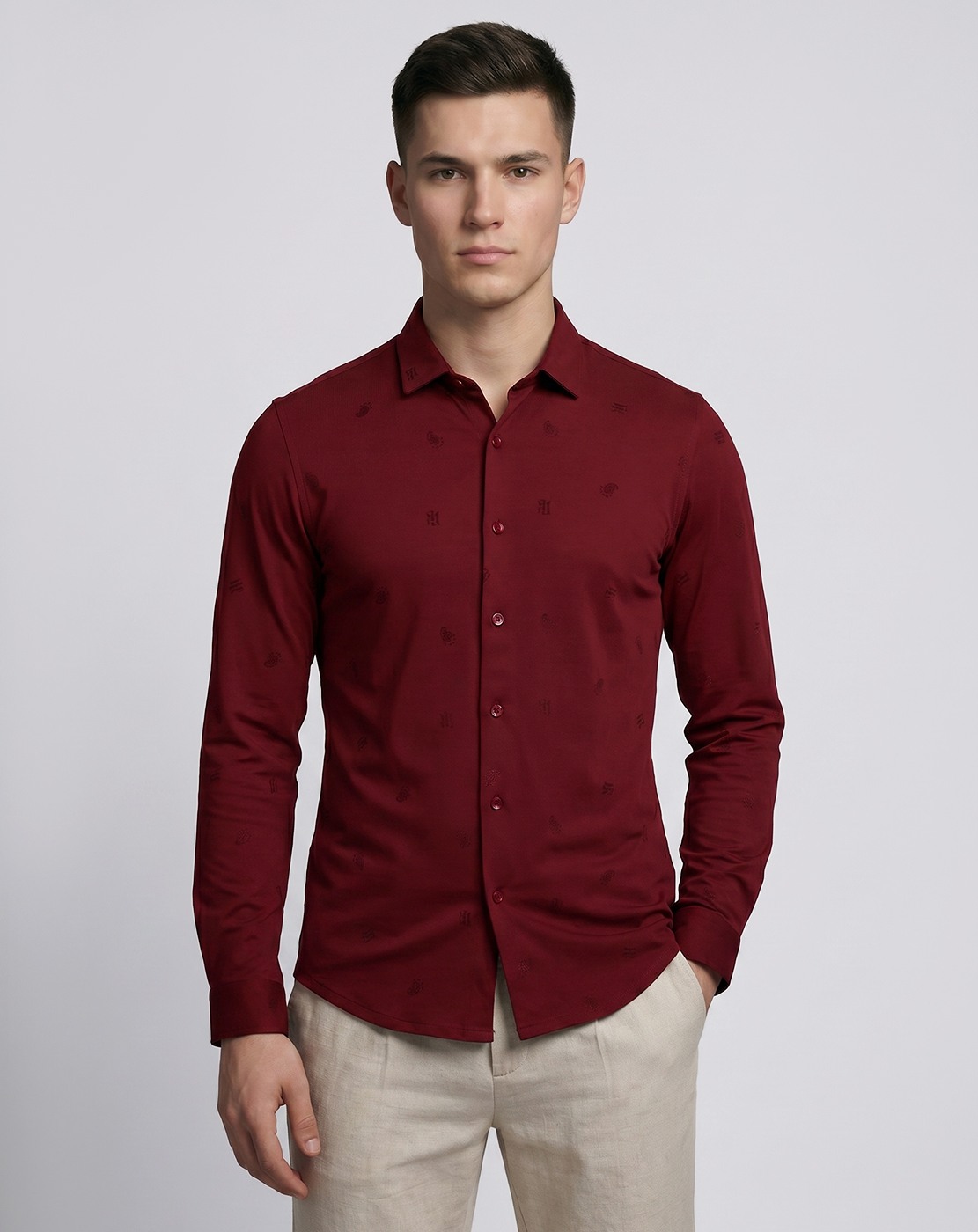 Cotton Mercerized  Slim Fit All Over Print Knit Maroon Shirt