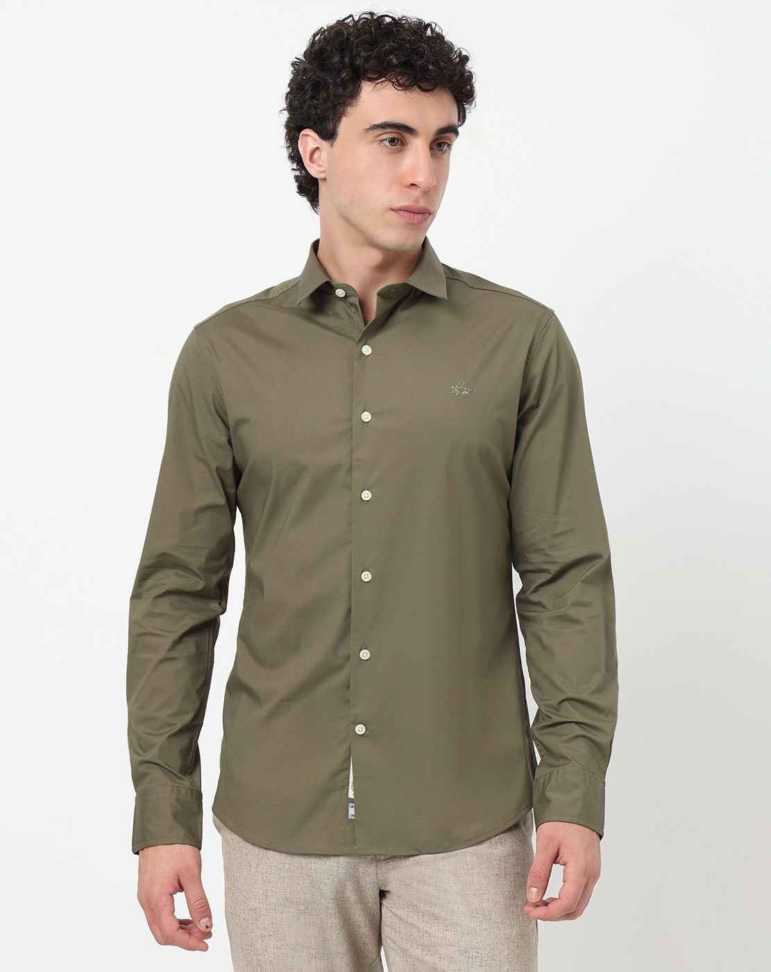 Cotton Stretch Tailored Fit French Placket Solid Olive Shirt