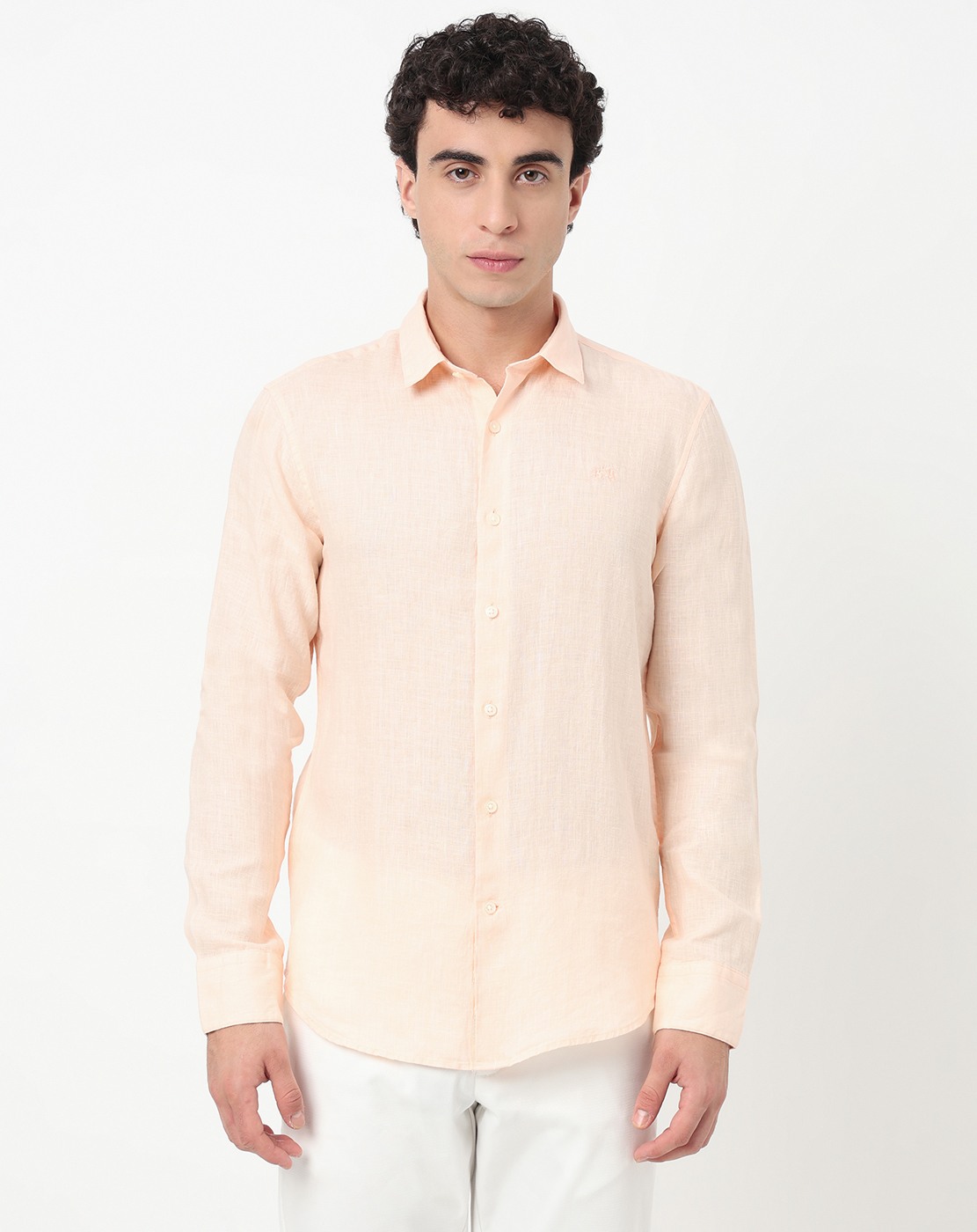 Linen Tailored Fit Solid Peach Shirt