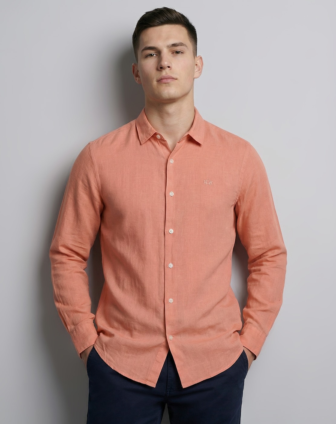 Linen Tailored Fit Solid Orange Shirt