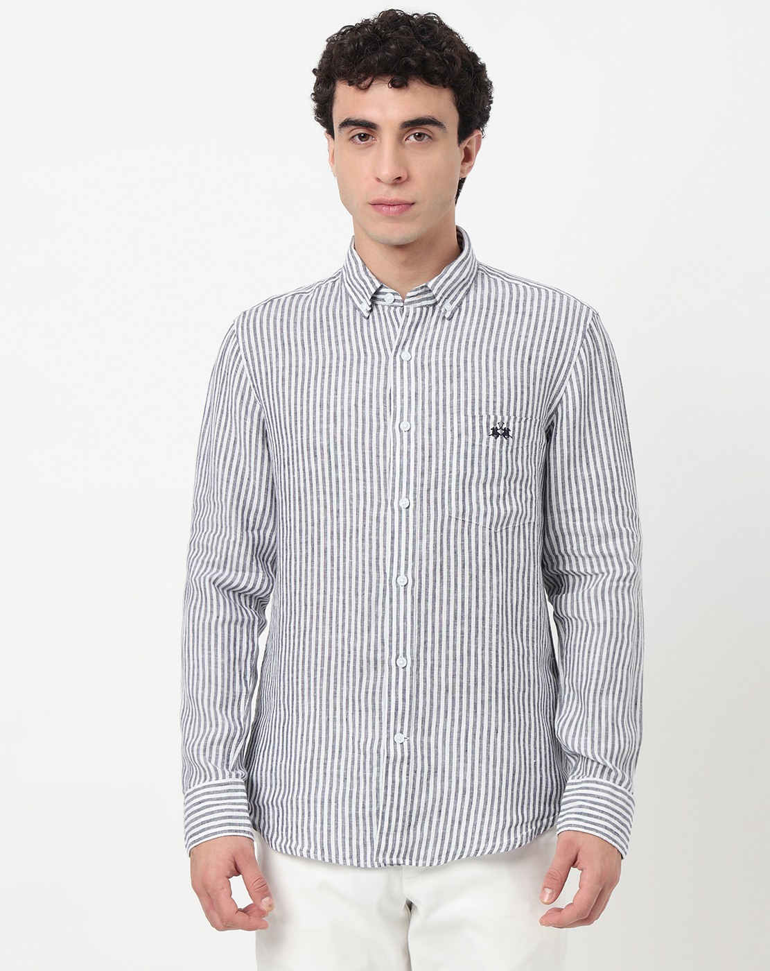 Linen Tailored Fit Yarn Dyed Navy Shirt