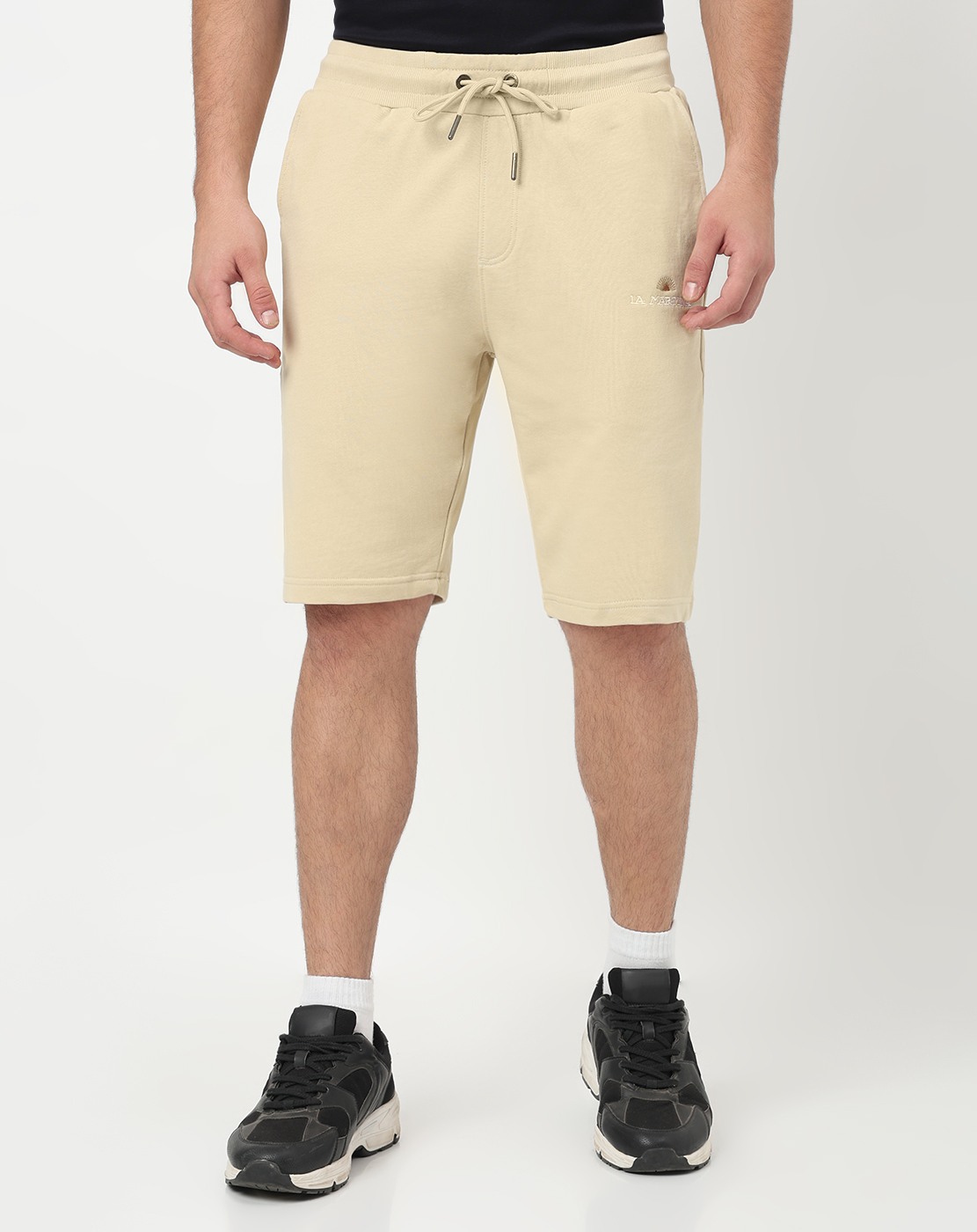 Cotton Regular Fit Solid Knit Off-White Shorts