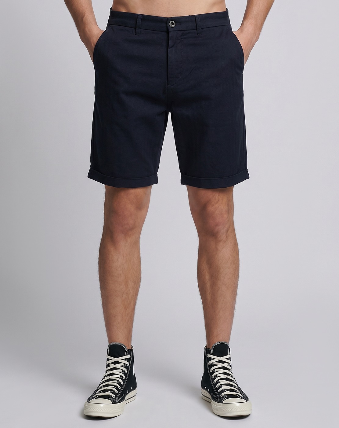 Linen Regular Fit Solid Navy Shorts