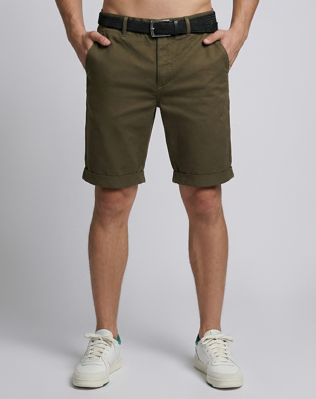 Cotton Stretch Regular Fit Solid Overdye Olive Shorts