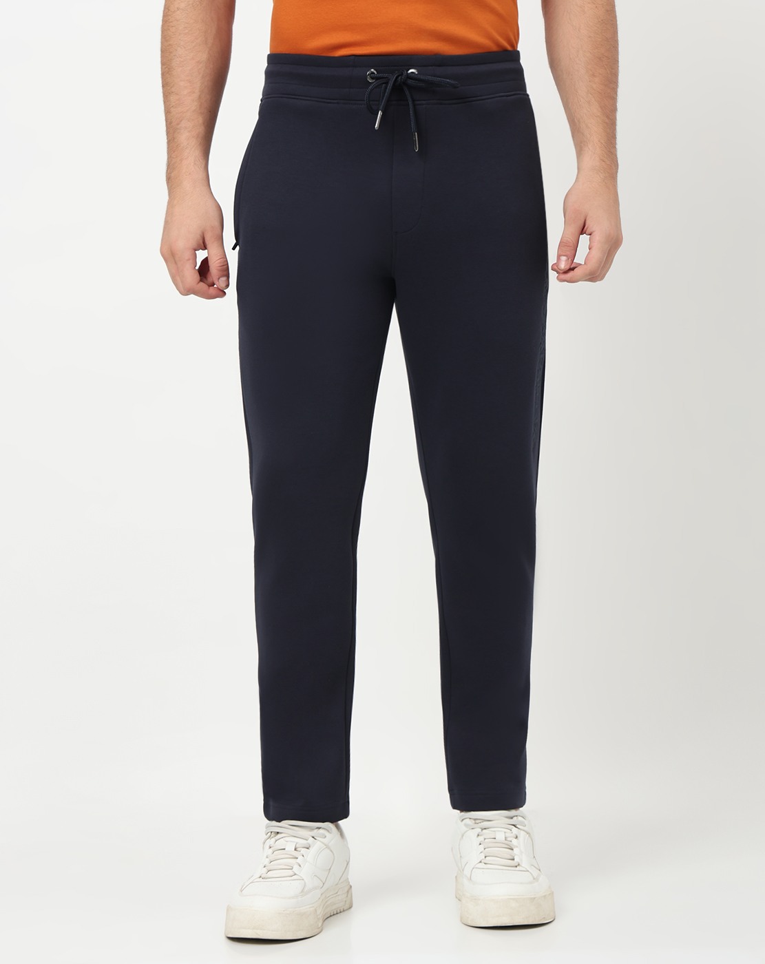 Cotton Blend Regular Fit Solid Navy Knitpant with Stretch