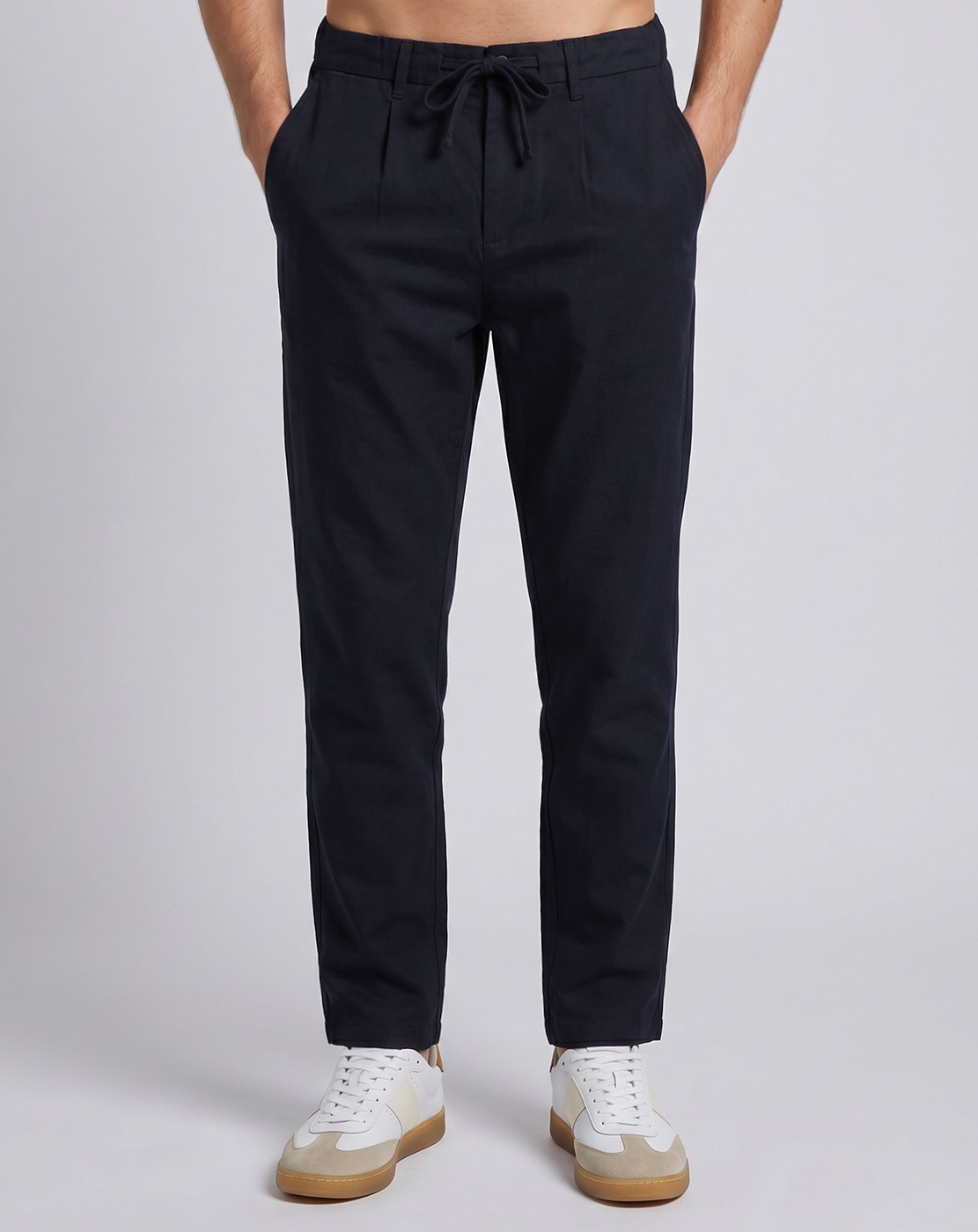 Linen Regular Fit Solid Navy Trouser
