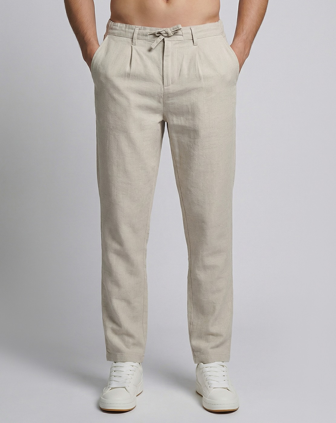 Linen Regular Fit Solid Off-White Trouser