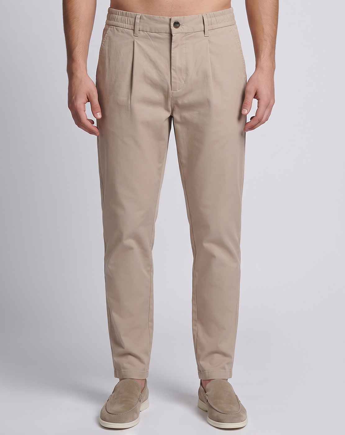 Cotton Stretch Regular Fit Solid Beige Trouser