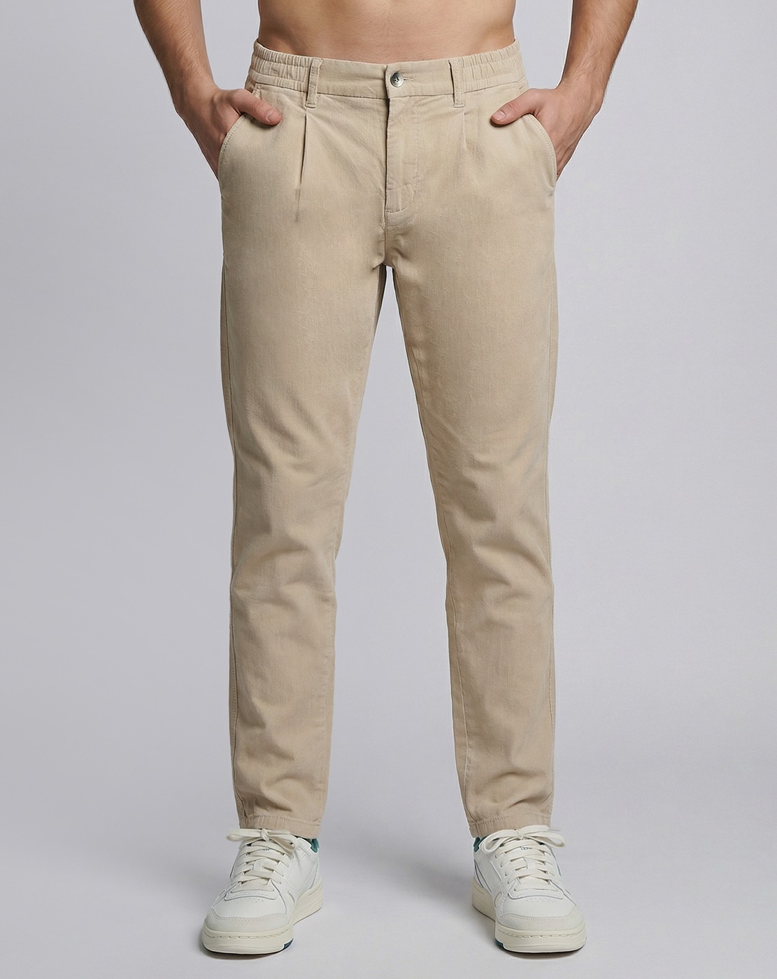 Cotton Stretch Regular Fit Solid Off-White Trouser