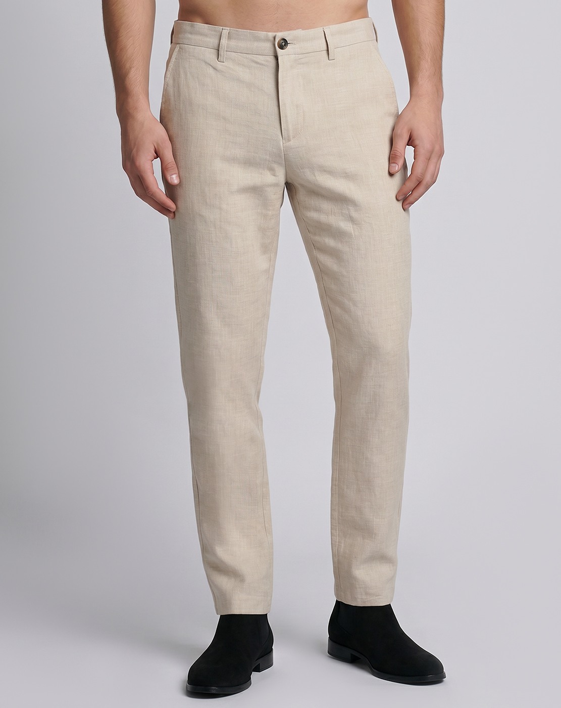 Viscose Linen Blend Regular Fit Solid Beige Trouser