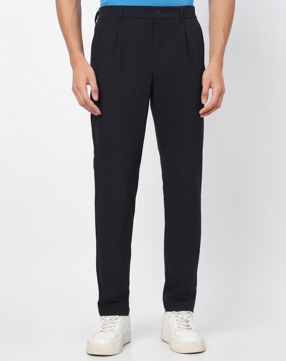 Regular Fit Solid Navy Trouser with Stretch