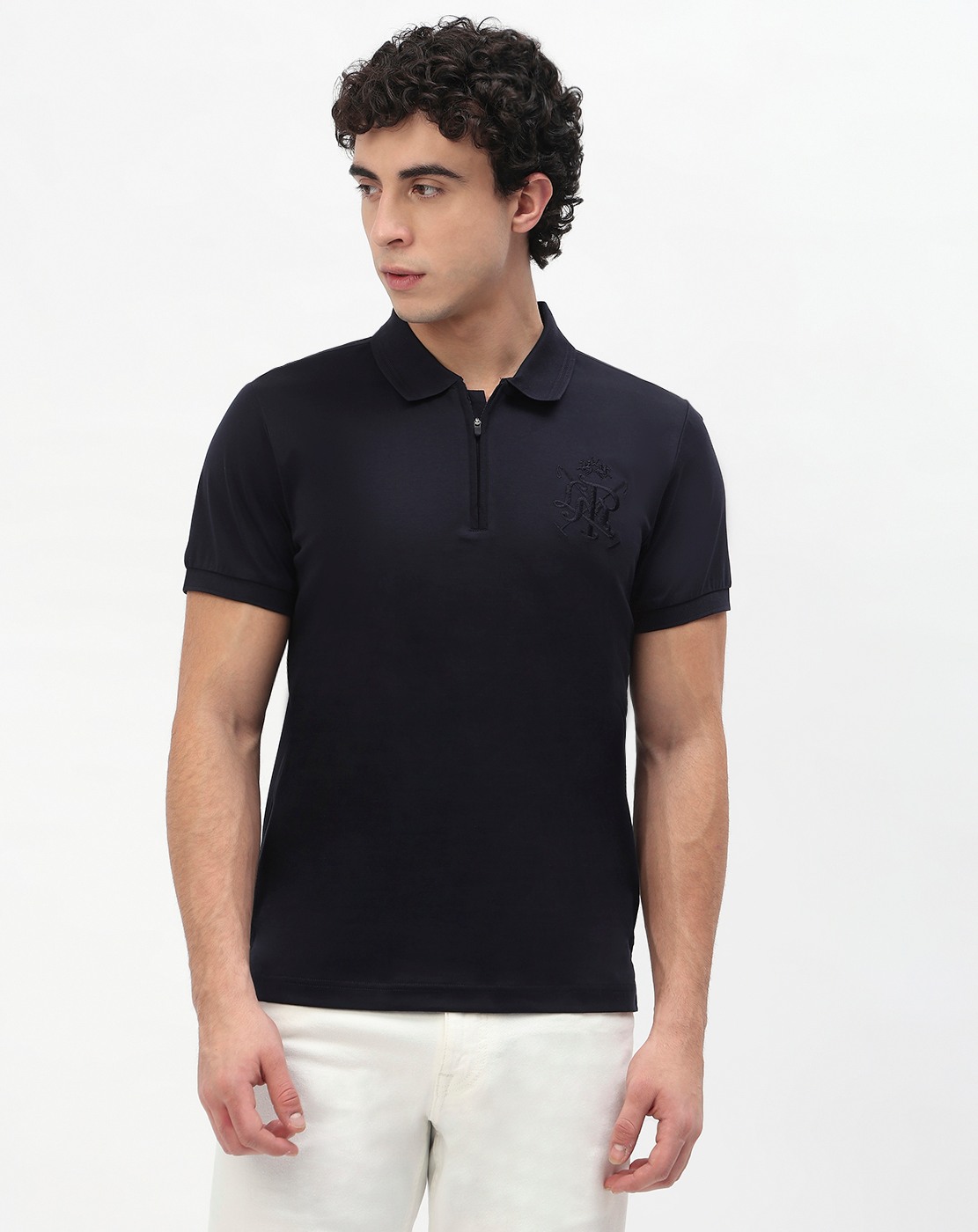 Cotton Slim Fit Mercerized Solid Navy Polo Tshirt