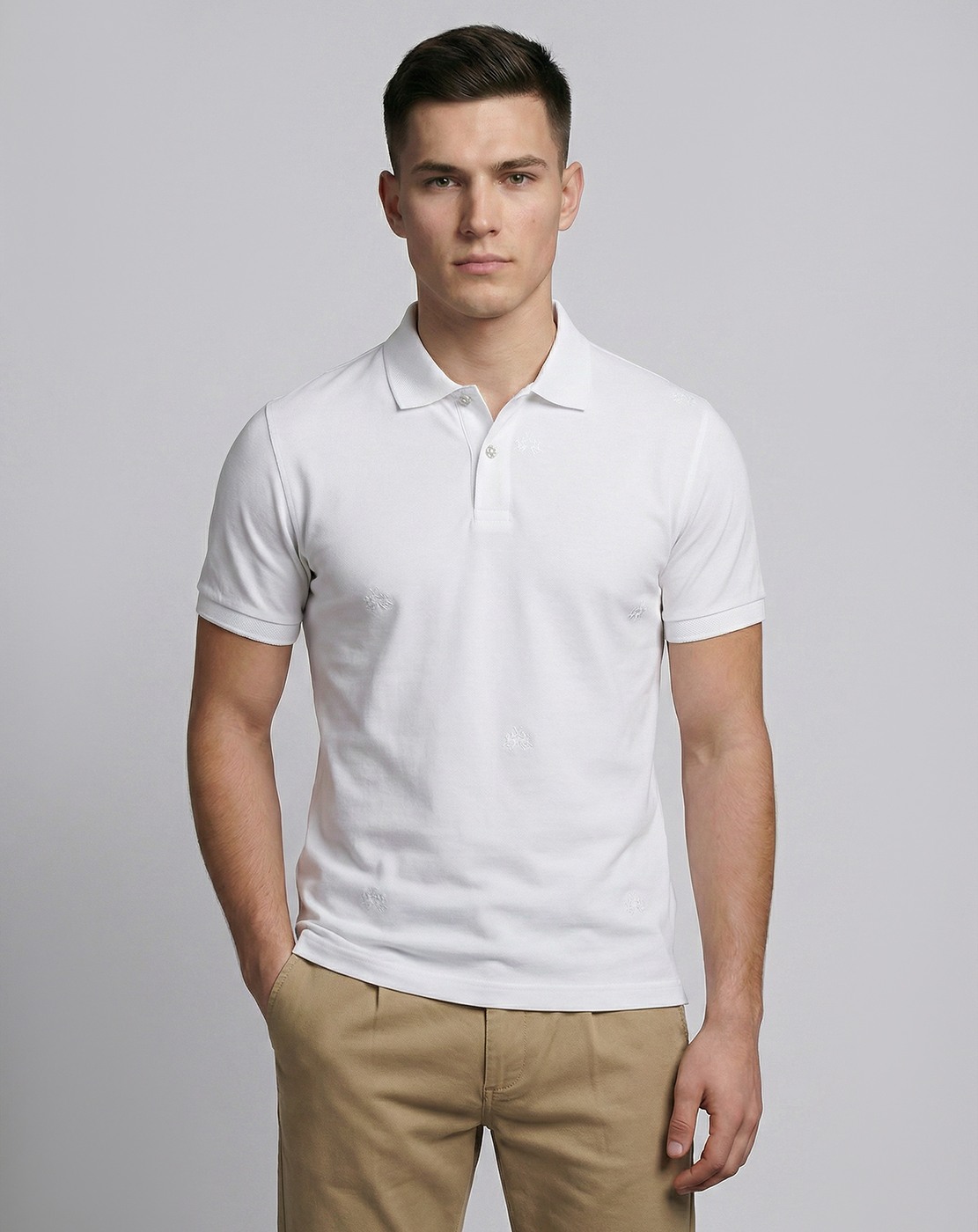 Cotton Slim Fit Liquid Finish All Over Print White Polo Tshirt