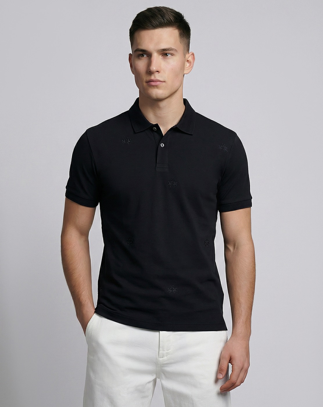 Cotton Slim Fit Liquid Finish All Over Print Navy Polo Tshirt