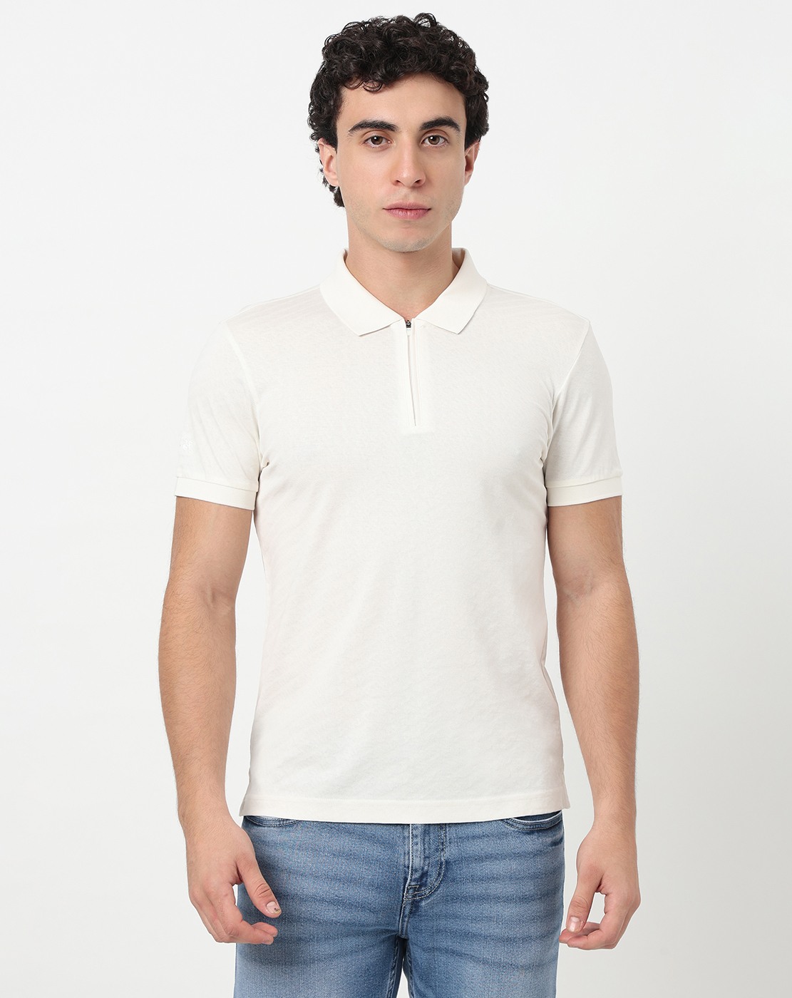 Cotton Slim Fit Mercerized Jacquard White Polo Tshirt