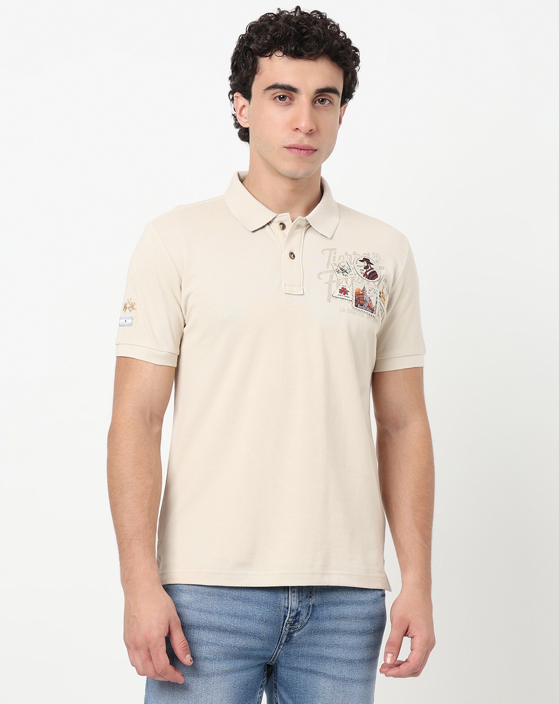 Cotton Slim Fit Embroidered Off-White Polo Tshirt