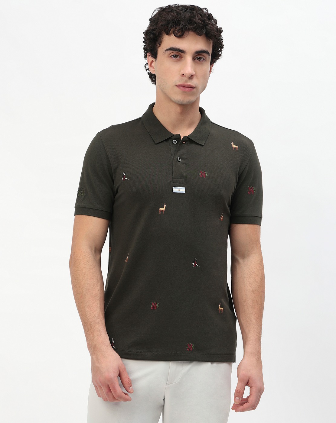 Cotton Stretch Slim Fit All Over Print Green Polo Tshirt