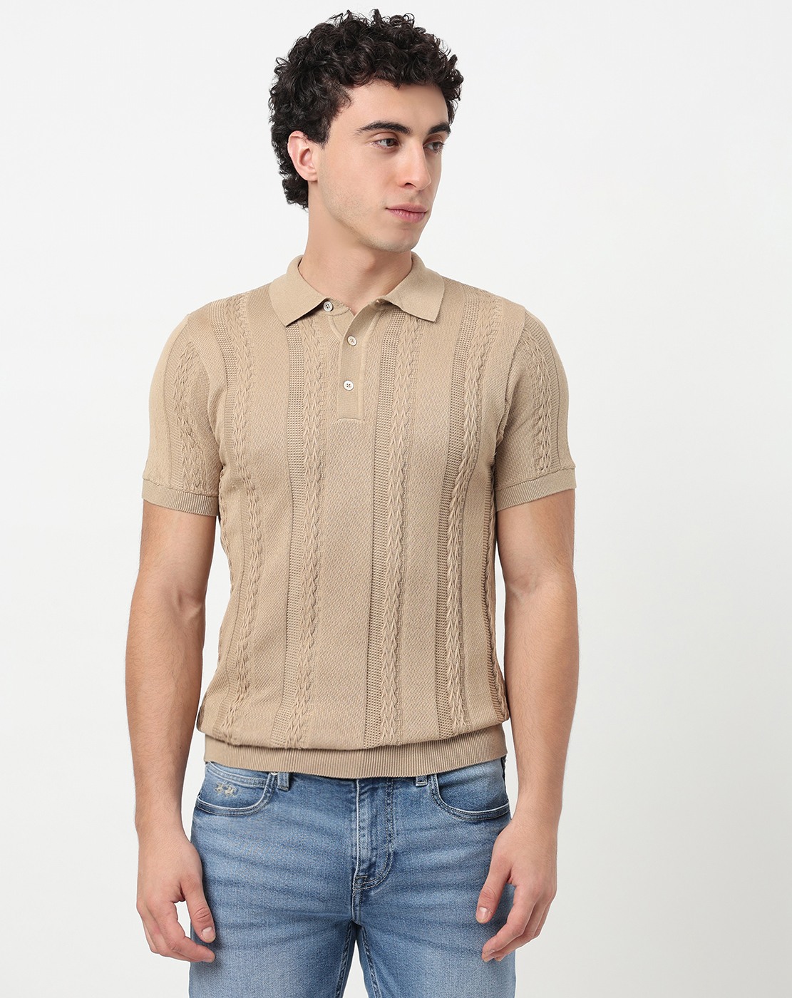 Cotton Stretch Slim Fit Jacquard Flat knit Yellow Polo Tshirt