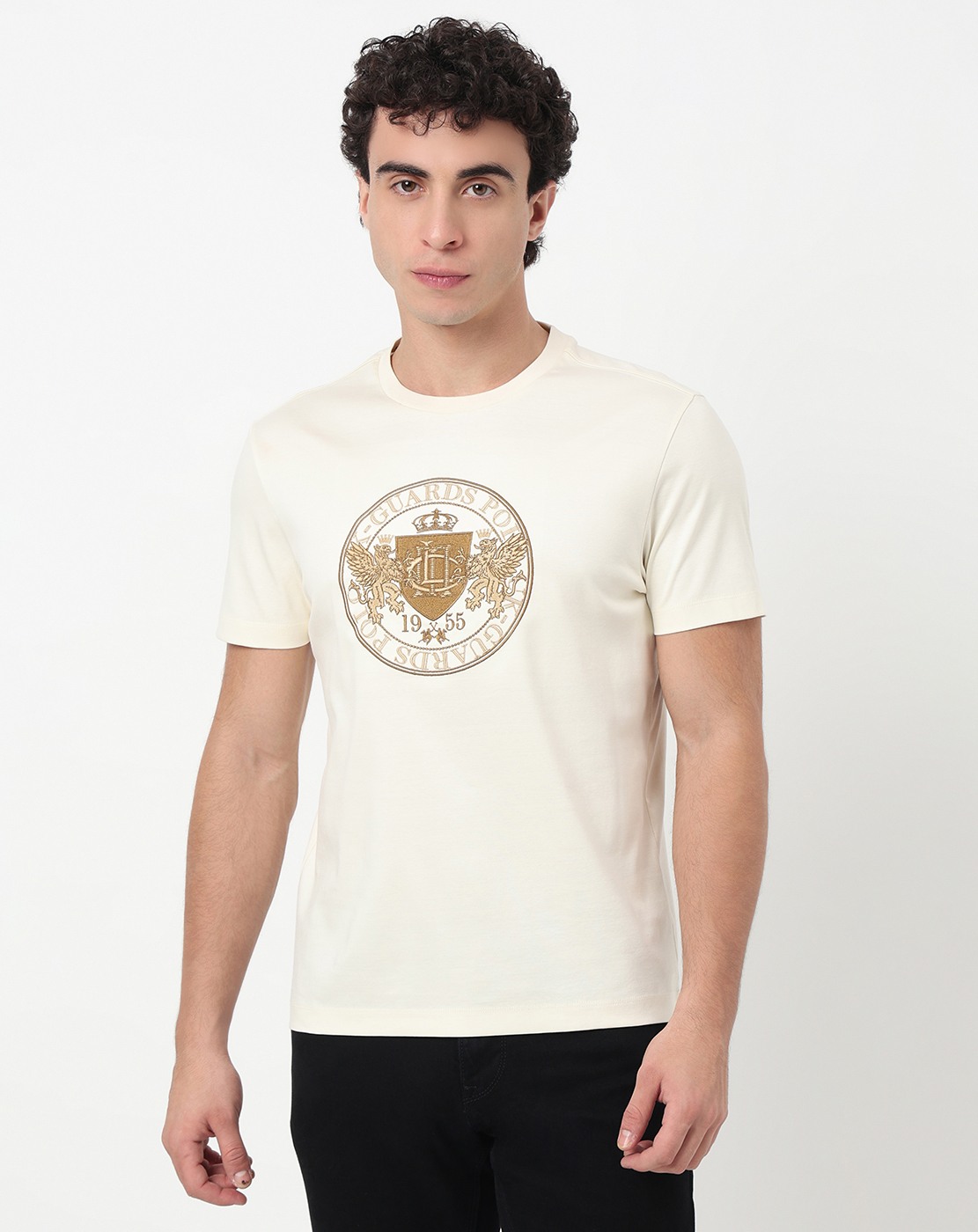 Cotton Mercerized Slim Fit Crew Neck Graphic White Tshirt