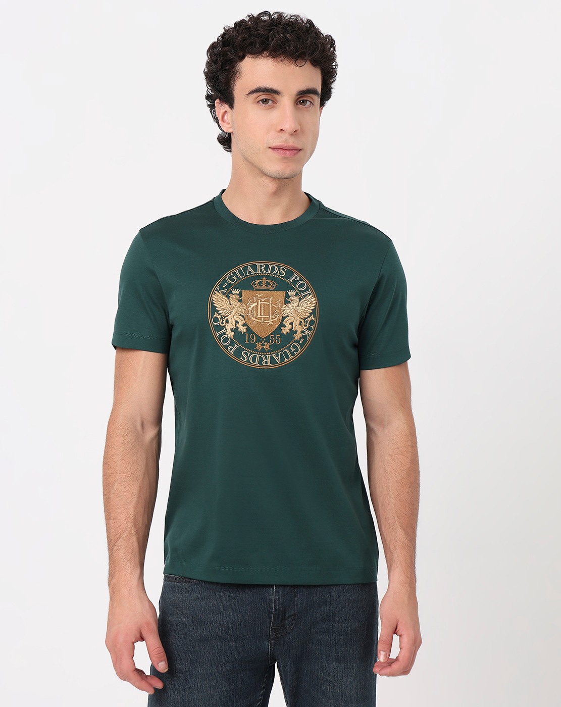 Cotton Mercerized Slim Fit Crew Neck Graphic Green Tshirt